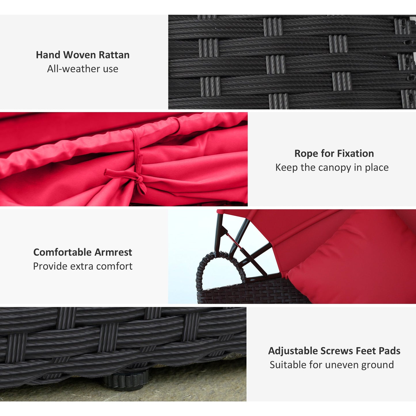 4 Pieces Outdoor Daybed with Retractable Canopy, PE Rattan Wicker Round Sofa Day Bed, Patio Sectional Conversation Furniture Set with Cushions and Pillows, Red