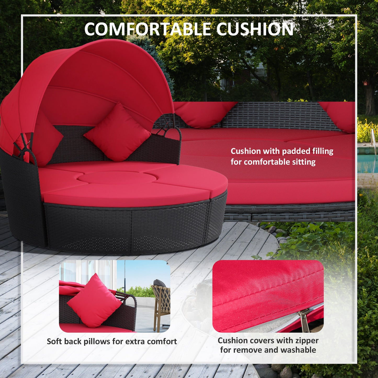 4 Pieces Outdoor Daybed with Retractable Canopy, PE Rattan Wicker Round Sofa Day Bed, Patio Sectional Conversation Furniture Set with Cushions and Pillows, Red