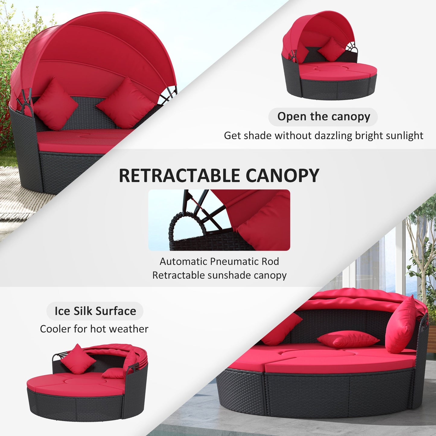 4 Pieces Outdoor Daybed with Retractable Canopy, PE Rattan Wicker Round Sofa Day Bed, Patio Sectional Conversation Furniture Set with Cushions and Pillows, Red