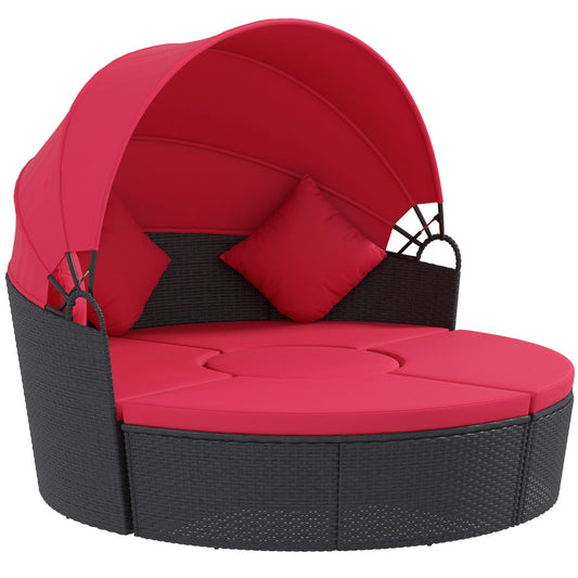 4 Pieces Outdoor Daybed with Retractable Canopy, PE Rattan Wicker Round Sofa Day Bed, Patio Sectional Conversation Furniture Set with Cushions and Pillows, Red