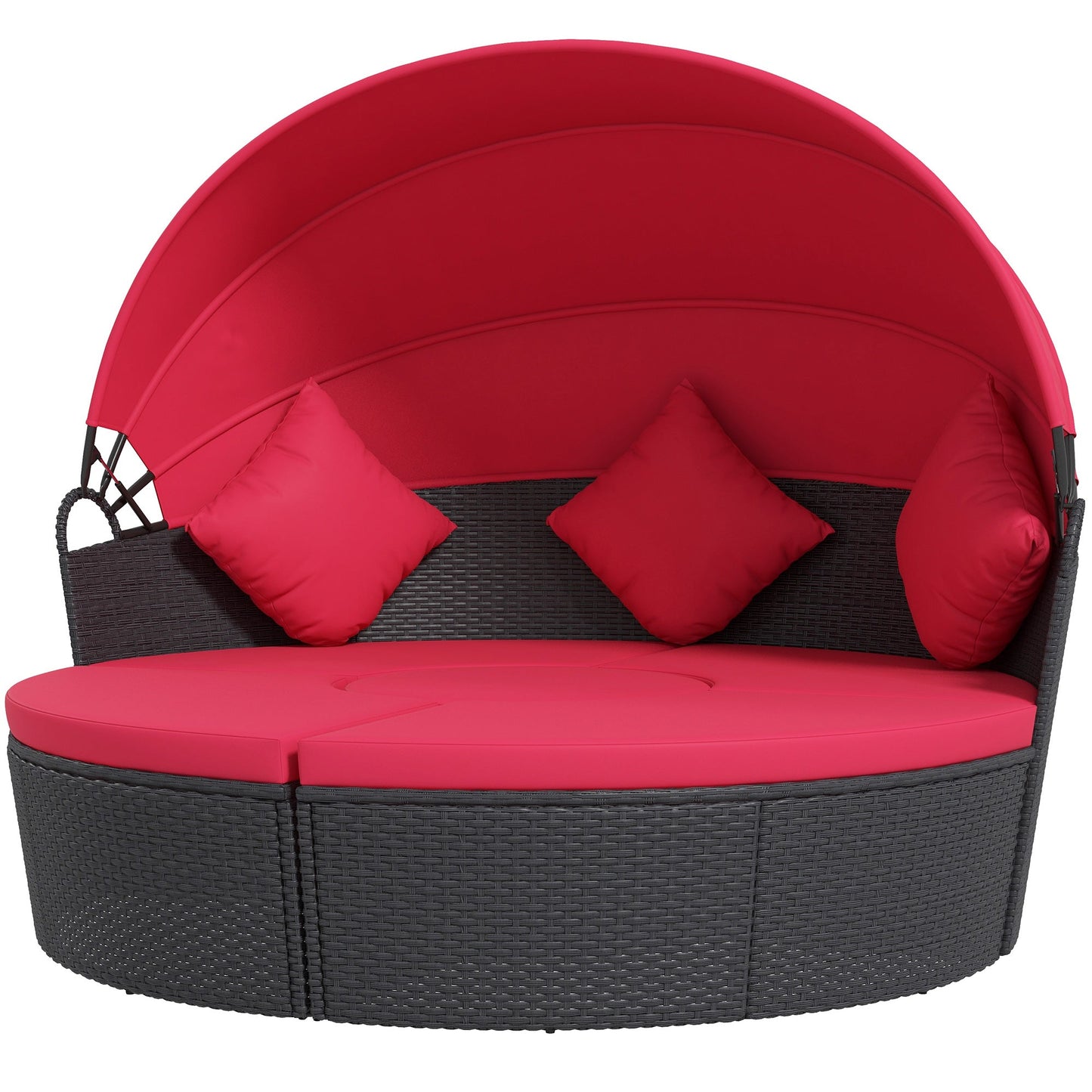 4 Pieces Outdoor Daybed with Retractable Canopy, PE Rattan Wicker Round Sofa Day Bed, Patio Sectional Conversation Furniture Set with Cushions and Pillows, Red