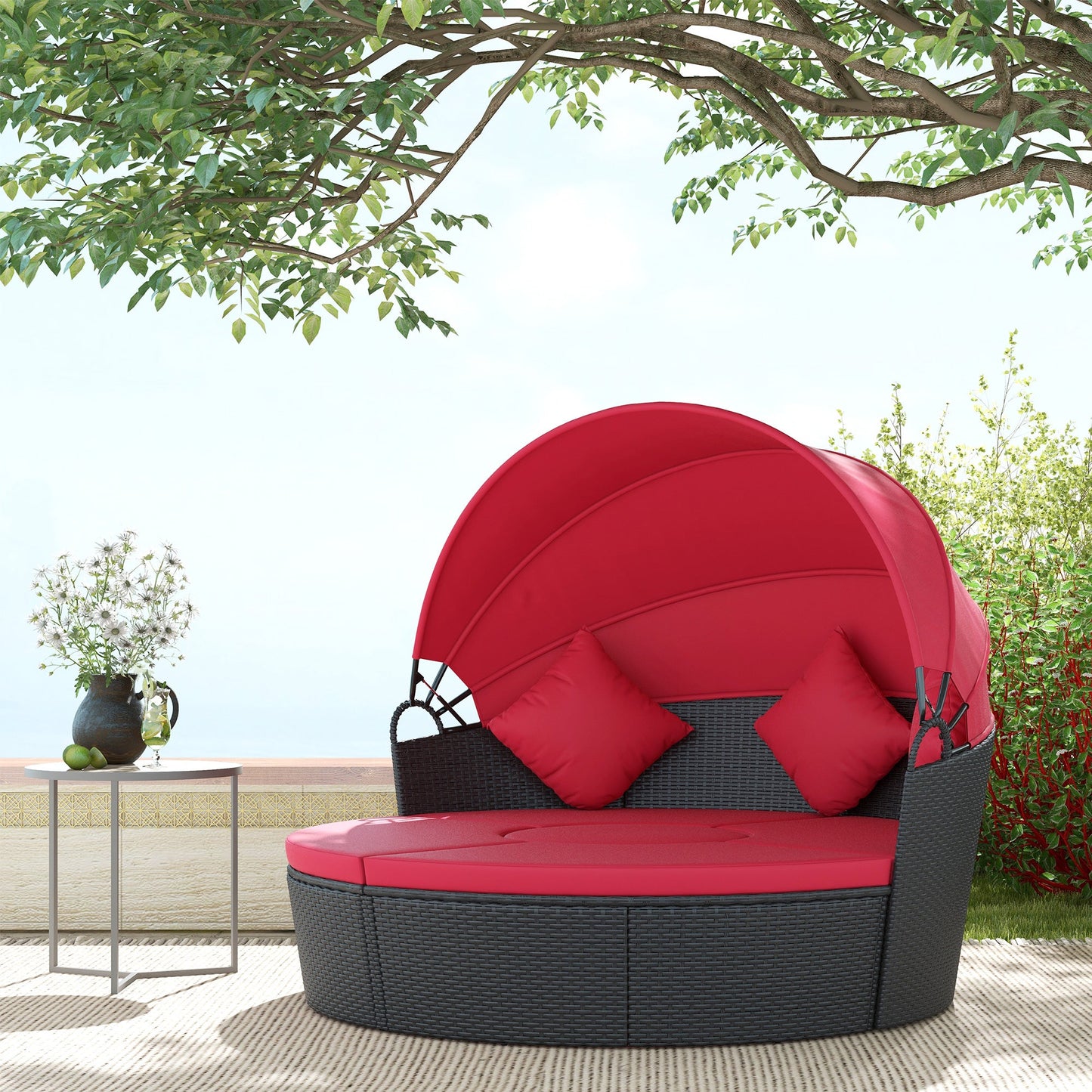 4 Pieces Outdoor Daybed with Retractable Canopy, PE Rattan Wicker Round Sofa Day Bed, Patio Sectional Conversation Furniture Set with Cushions and Pillows, Red
