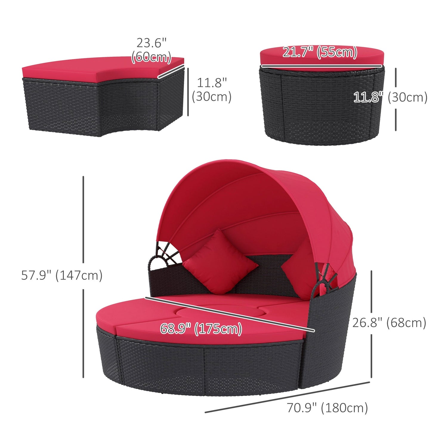 4 Pieces Outdoor Daybed with Retractable Canopy, PE Rattan Wicker Round Sofa Day Bed, Patio Sectional Conversation Furniture Set with Cushions and Pillows, Red