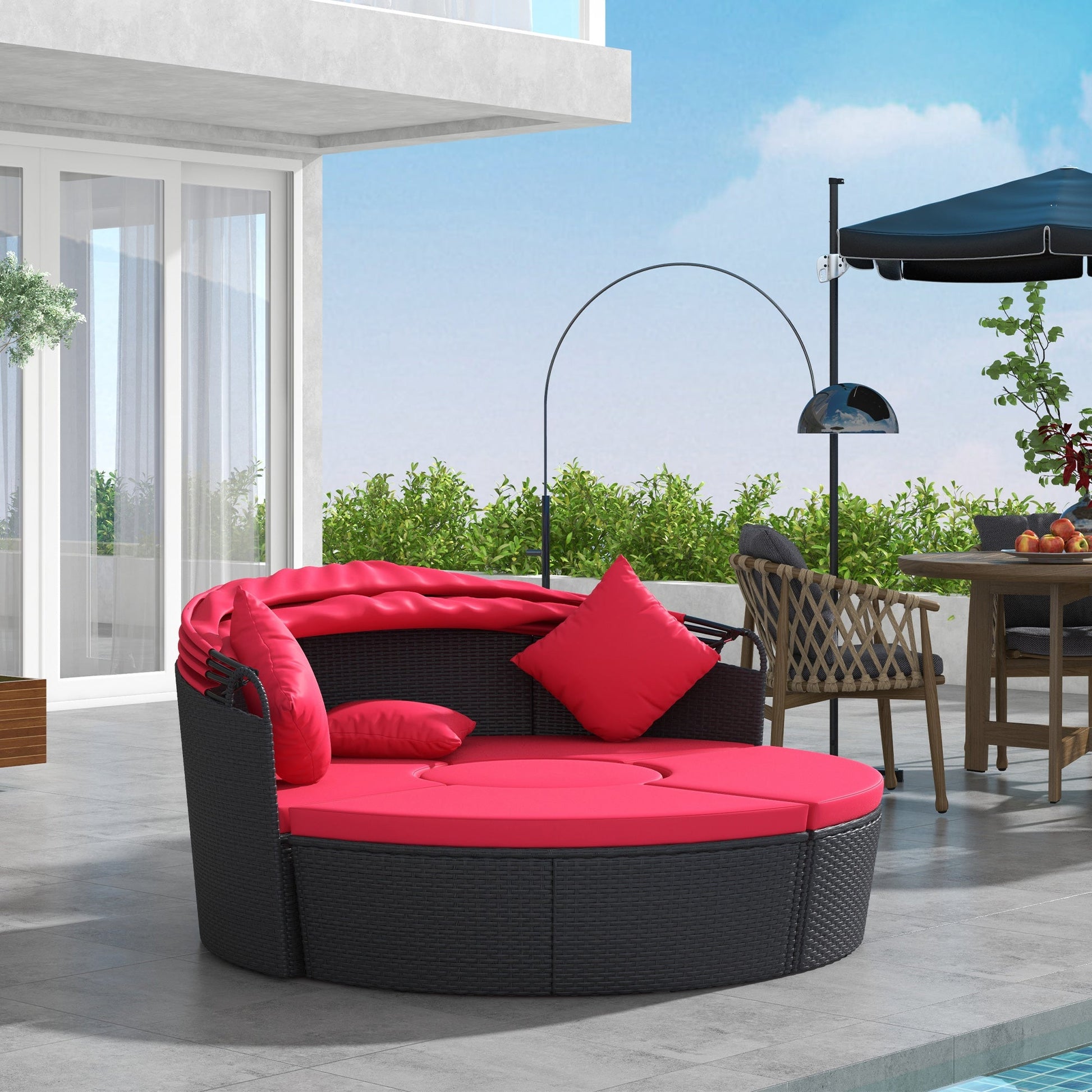 4 Pieces Outdoor Daybed with Retractable Canopy, PE Rattan Wicker Round Sofa Day Bed, Patio Sectional Conversation Furniture Set with Cushions and Pillows, Red