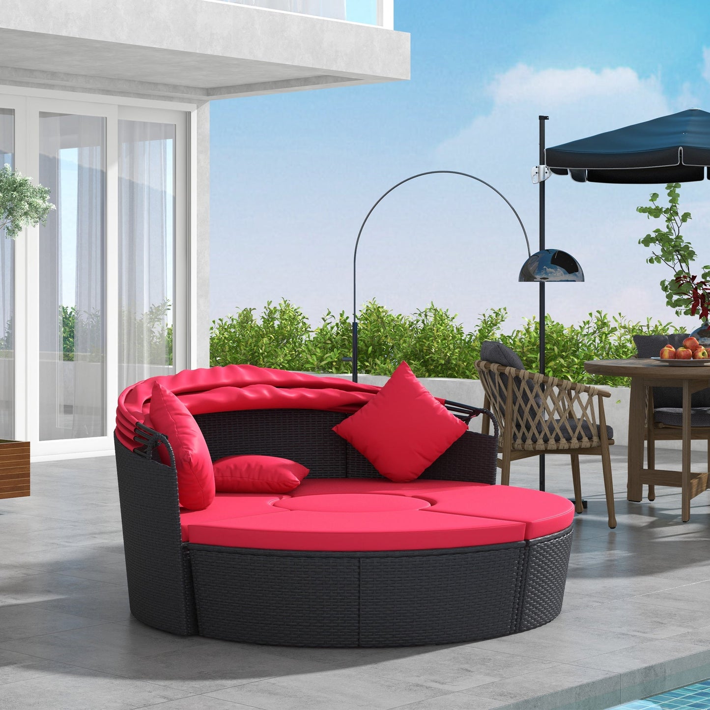 4 Pieces Outdoor Daybed with Retractable Canopy, PE Rattan Wicker Round Sofa Day Bed, Patio Sectional Conversation Furniture Set with Cushions and Pillows, Red