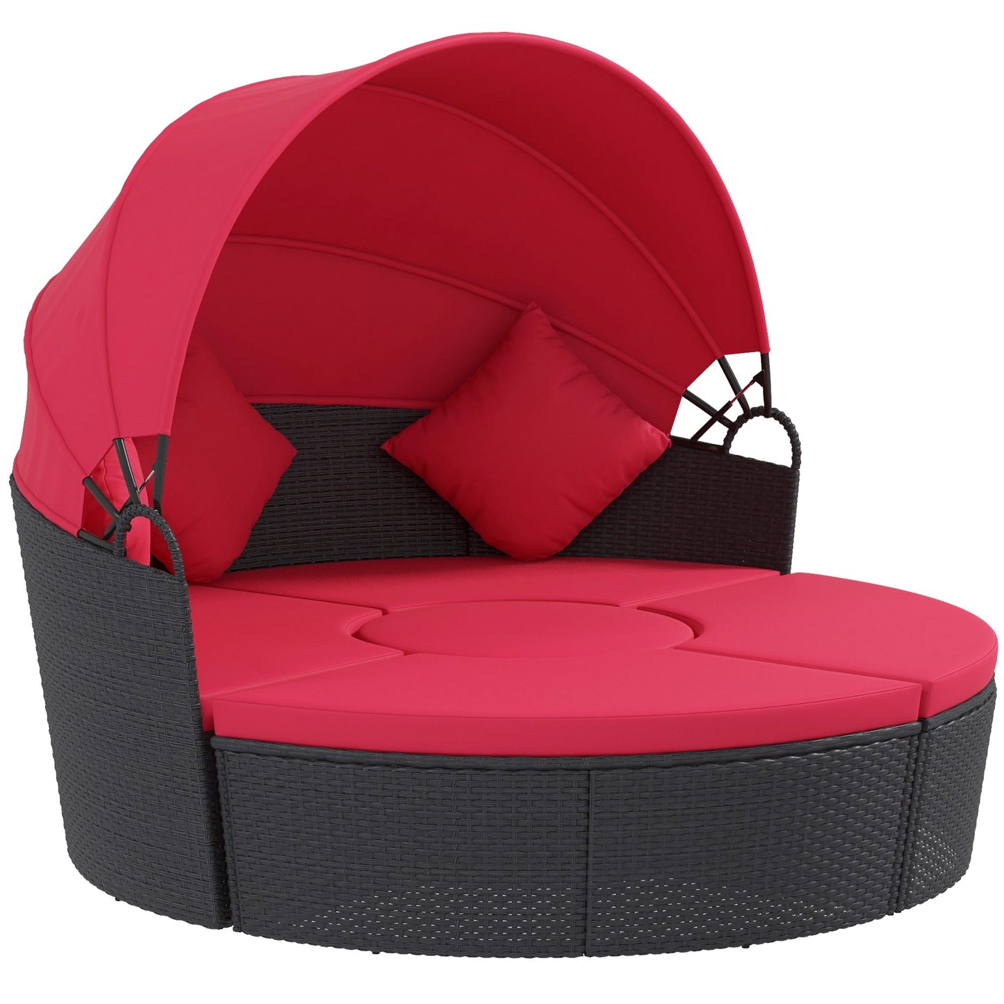 4 Pieces Outdoor Daybed with Retractable Canopy, PE Rattan Wicker Round Sofa Day Bed, Patio Sectional Conversation Furniture Set with Cushions and Pillows, Red