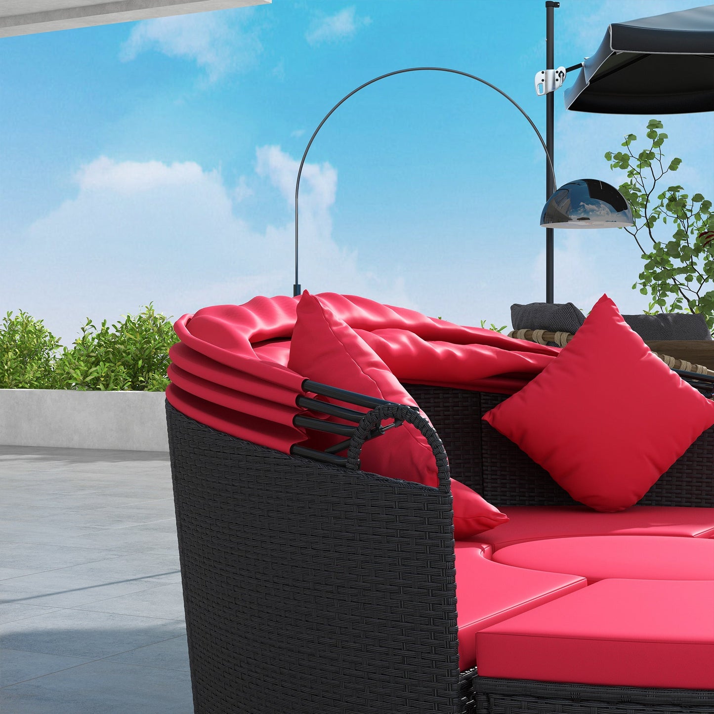4 Pieces Outdoor Daybed with Retractable Canopy, PE Rattan Wicker Round Sofa Day Bed, Patio Sectional Conversation Furniture Set with Cushions and Pillows, Red