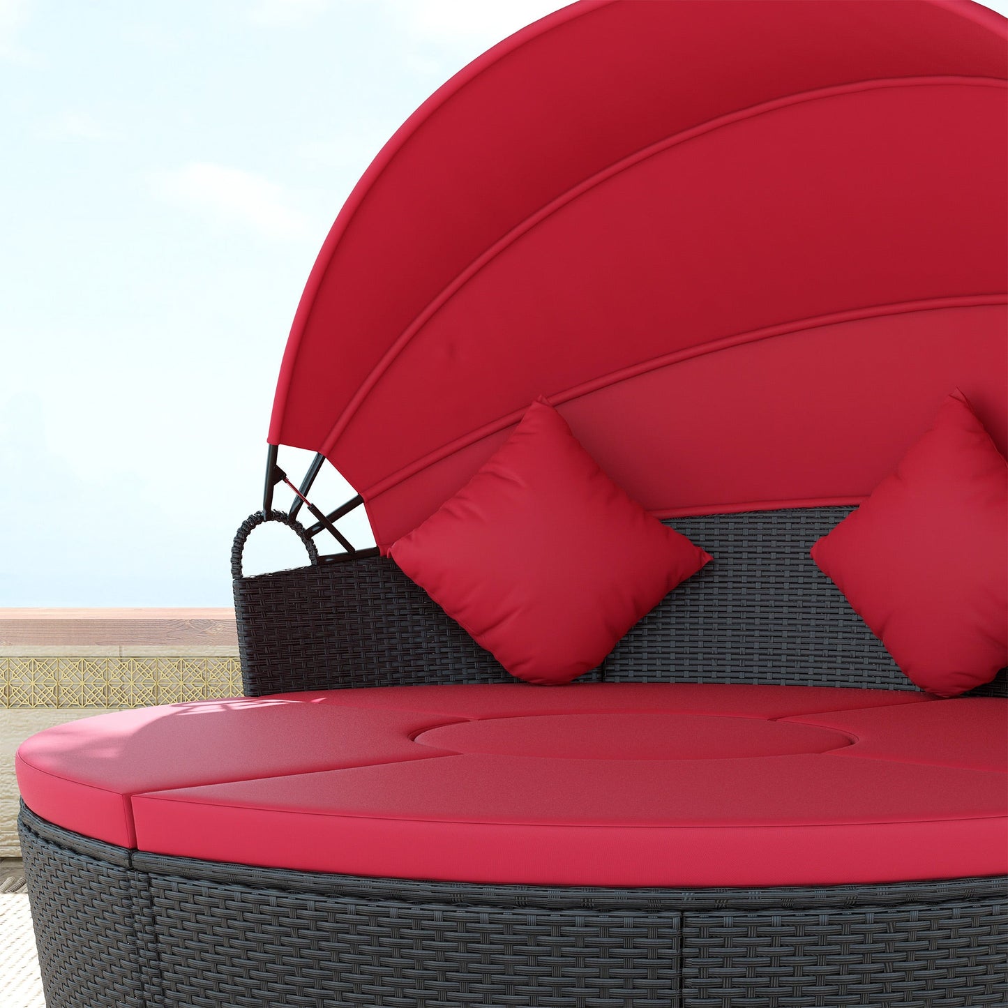 4 Pieces Outdoor Daybed with Retractable Canopy, PE Rattan Wicker Round Sofa Day Bed, Patio Sectional Conversation Furniture Set with Cushions and Pillows, Red
