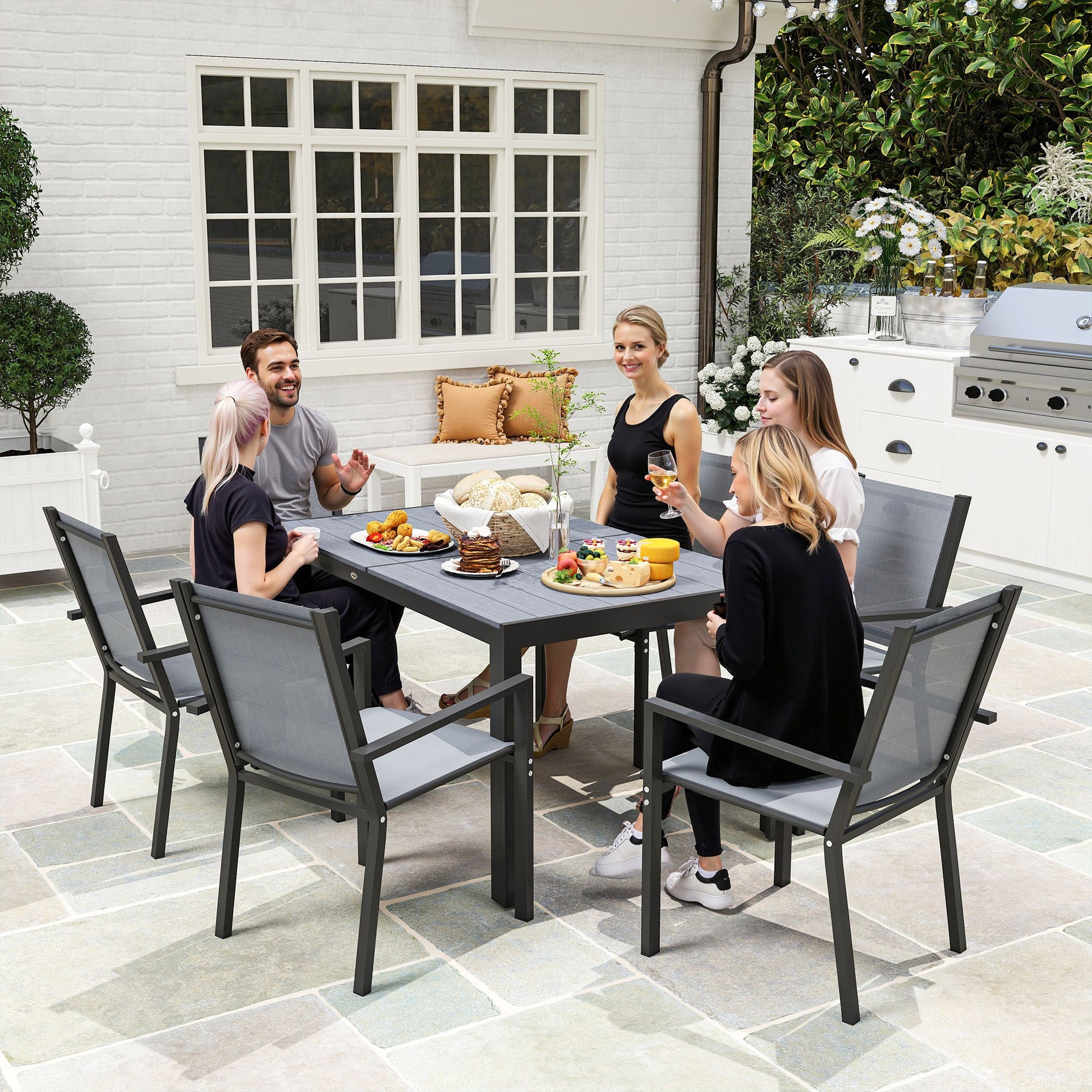 7 Piece Patio Dining Set, Outdoor Dining Table and 6 Stackable Chairs, Metal Patio Furniture Set with WPC Top, Breathable Mesh for Garden, Backyard, Poolside, Light Grey