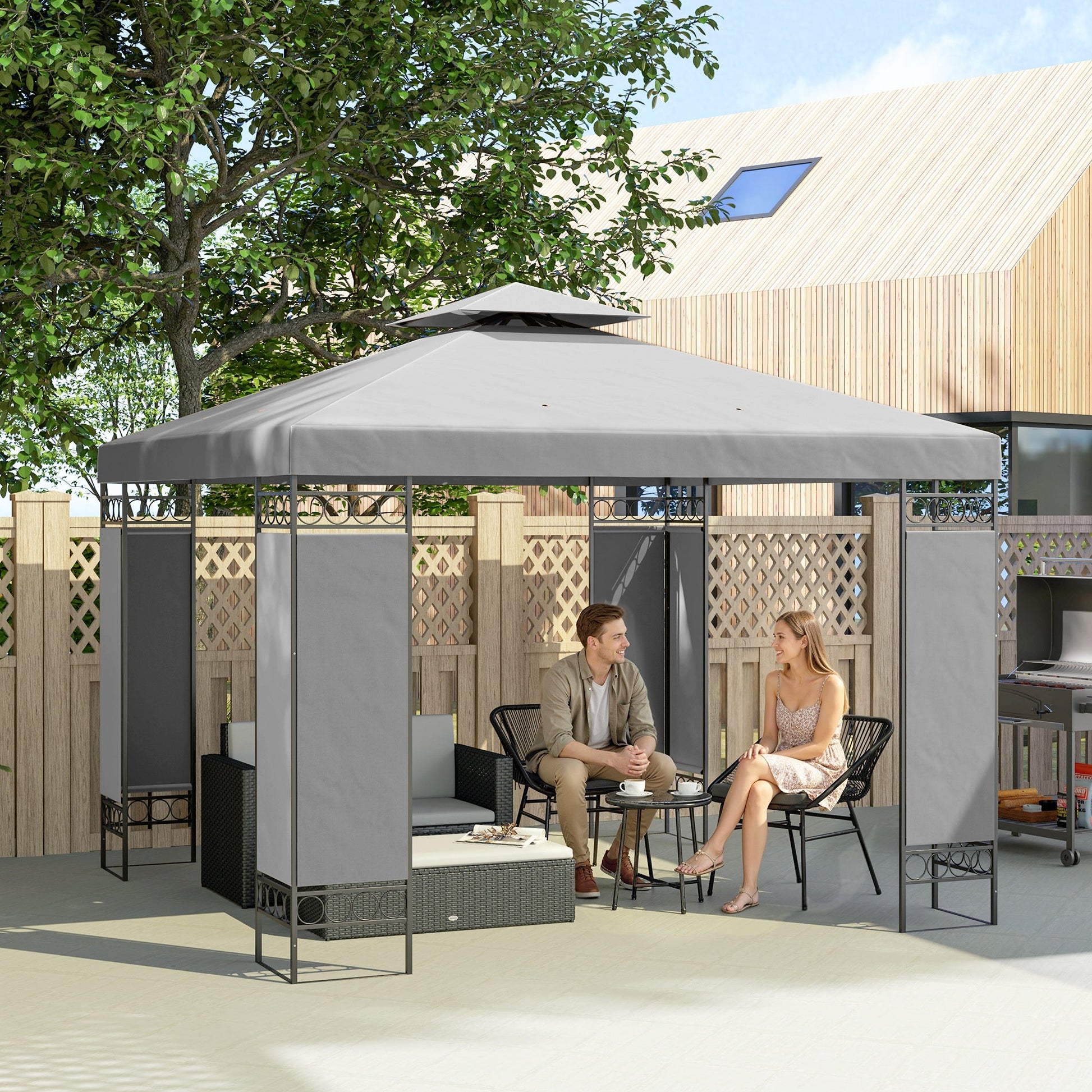 10 x 10 FT Canopy Gazebo, Double Roof Outdoor Gazebo with Screen Panels and Metal Frame, Patio Gazebo for Poolside, Garden, Deck, Backyard, Light Grey