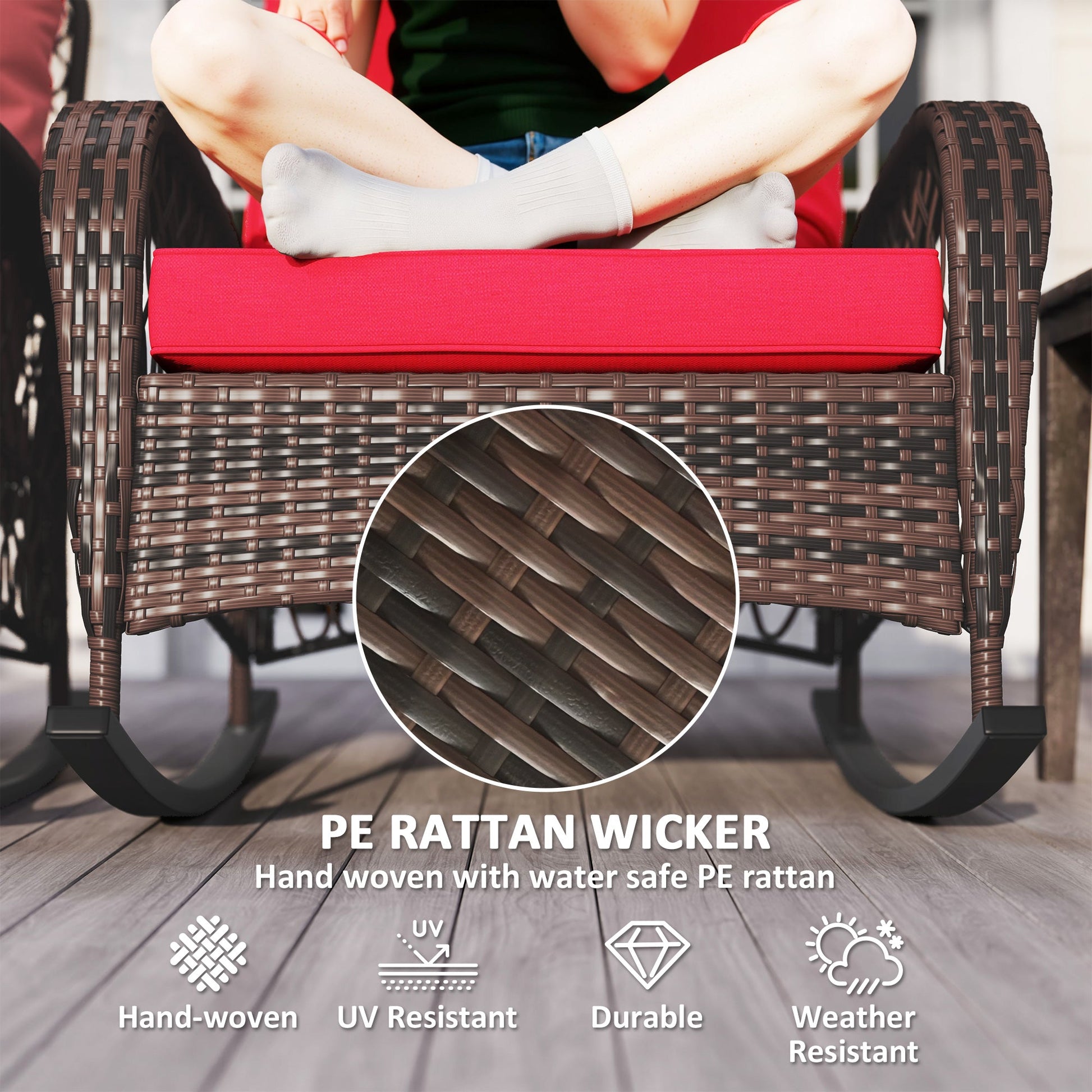 Rattan Rocking Chair Set of 2, Outdoor Wicker Patio Rocker Chair Furniture with Thick Cushions, for Garden Backyard Porch, Red