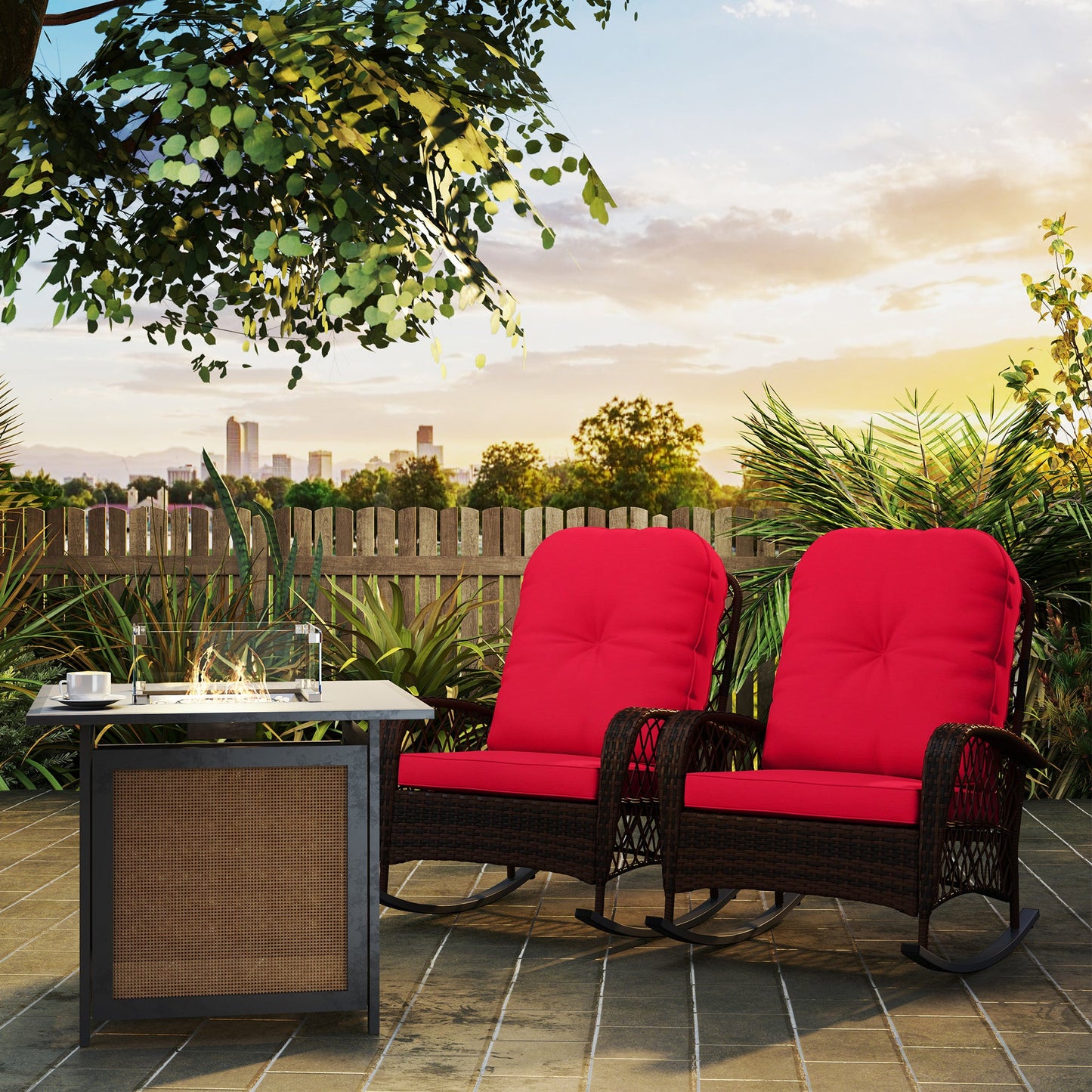 Rattan Rocking Chair Set of 2, Outdoor Wicker Patio Rocker Chair Furniture with Thick Cushions, for Garden Backyard Porch, Red