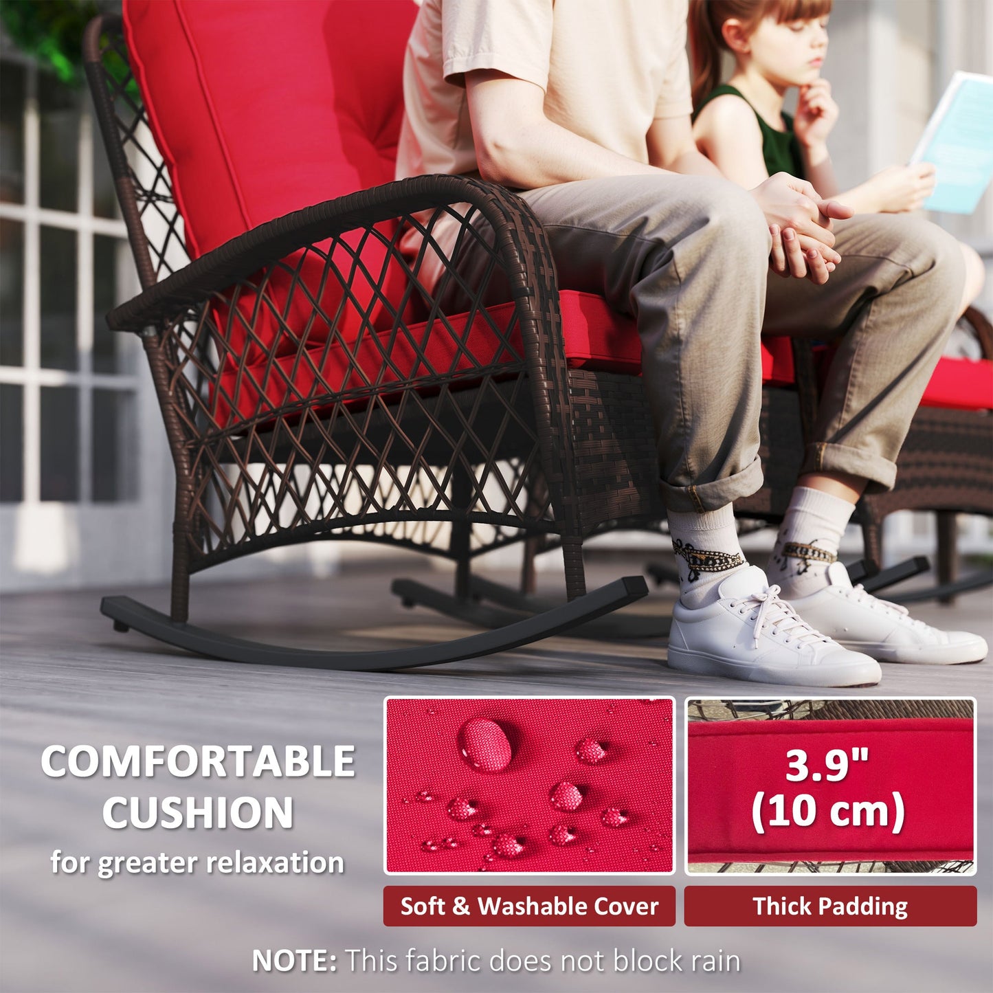 Rattan Rocking Chair Set of 2, Outdoor Wicker Patio Rocker Chair Furniture with Thick Cushions, for Garden Backyard Porch, Red