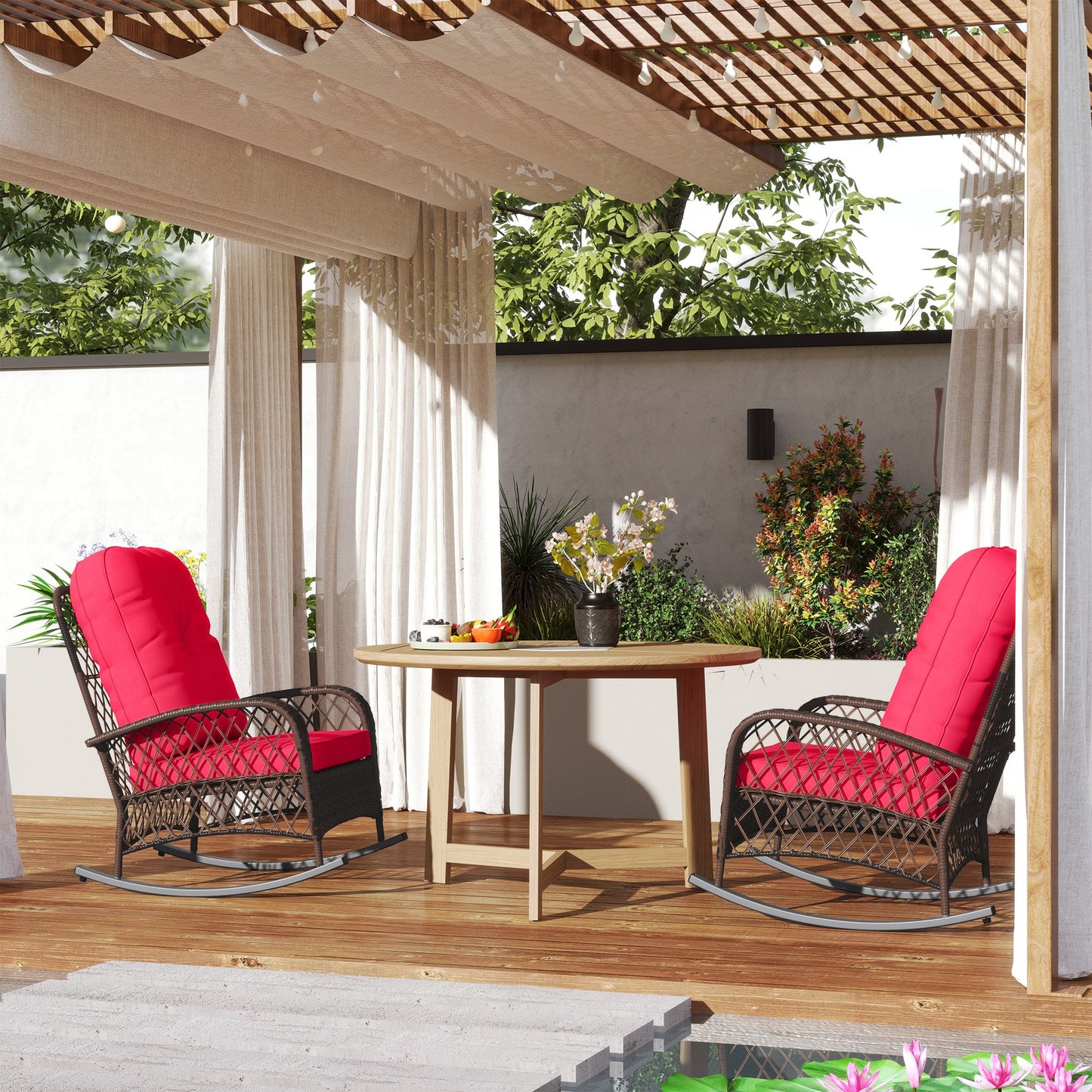 Rattan Rocking Chair Set of 2, Outdoor Wicker Patio Rocker Chair Furniture with Thick Cushions, for Garden Backyard Porch, Red
