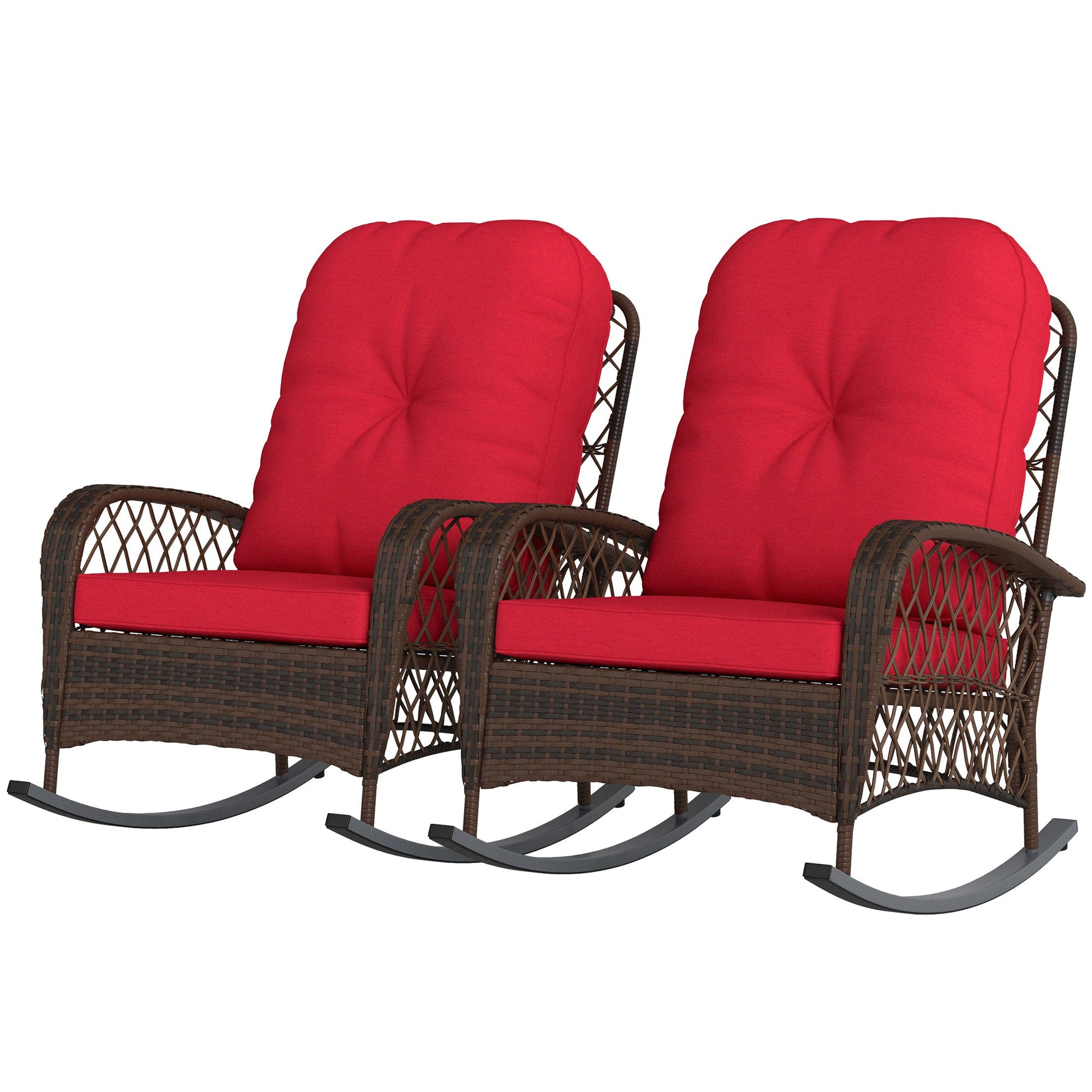 Rattan Rocking Chair Set of 2, Outdoor Wicker Patio Rocker Chair Furniture with Thick Cushions, for Garden Backyard Porch, Red