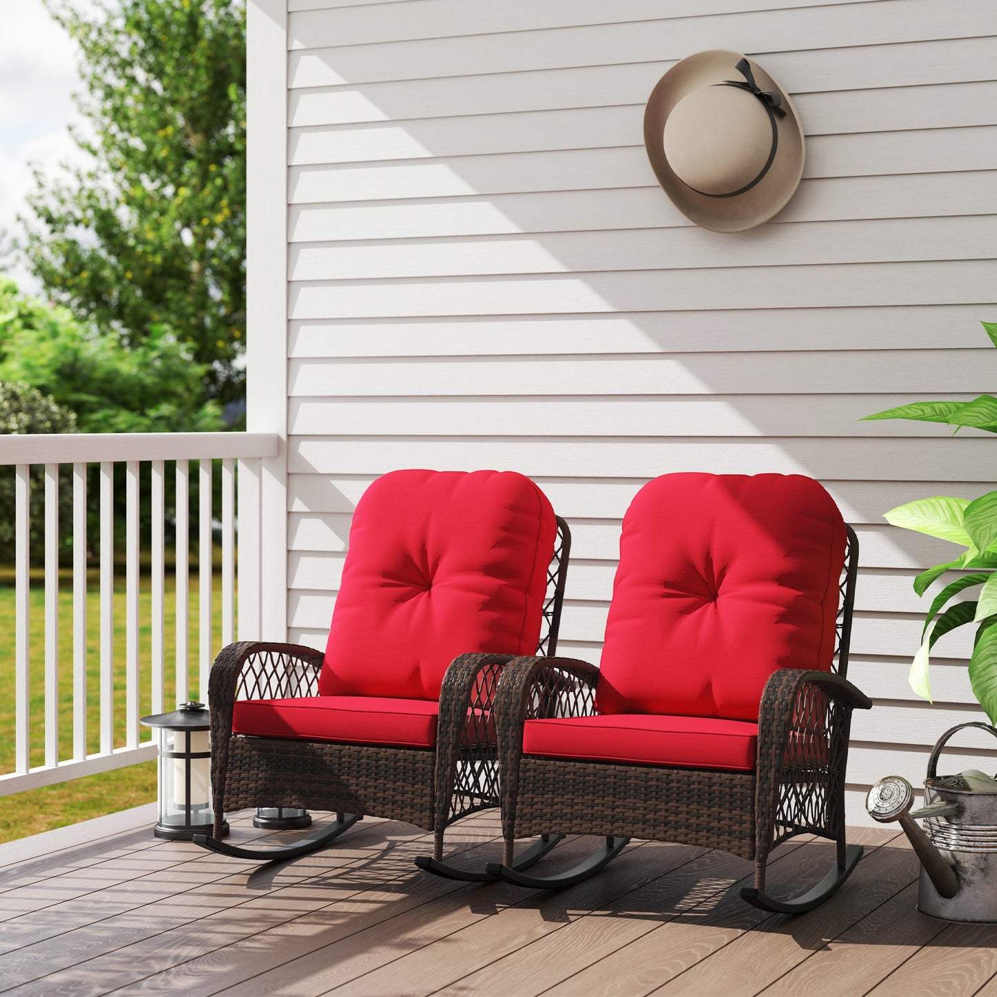 Rattan Rocking Chair Set of 2, Outdoor Wicker Patio Rocker Chair Furniture with Thick Cushions, for Garden Backyard Porch, Red