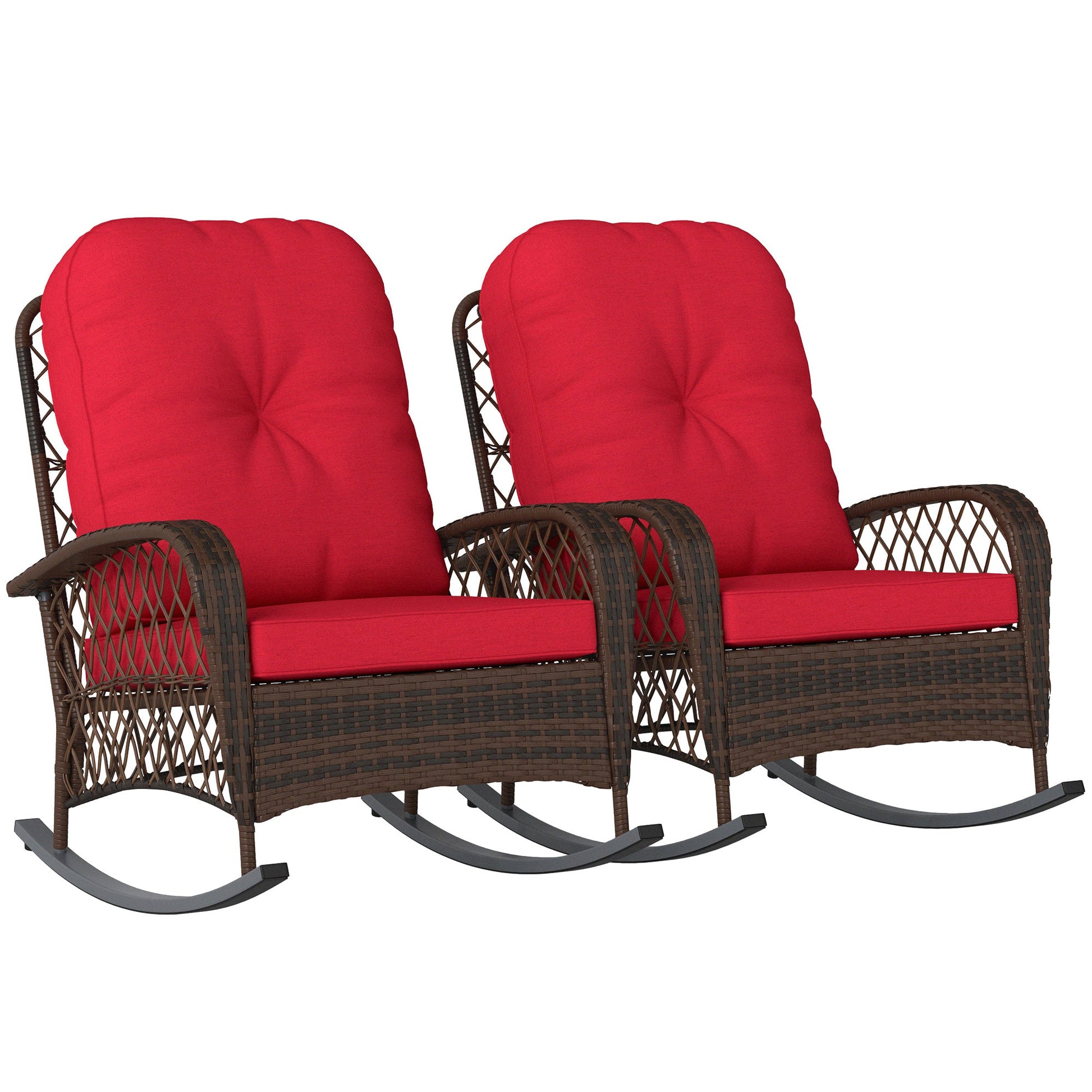 Rattan Rocking Chair Set of 2, Outdoor Wicker Patio Rocker Chair Furniture with Thick Cushions, for Garden Backyard Porch, Red