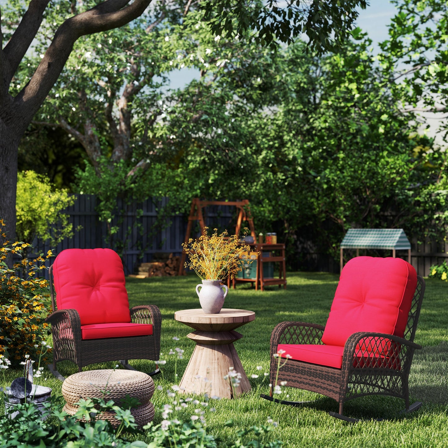 Rattan Rocking Chair Set of 2, Outdoor Wicker Patio Rocker Chair Furniture with Thick Cushions, for Garden Backyard Porch, Red