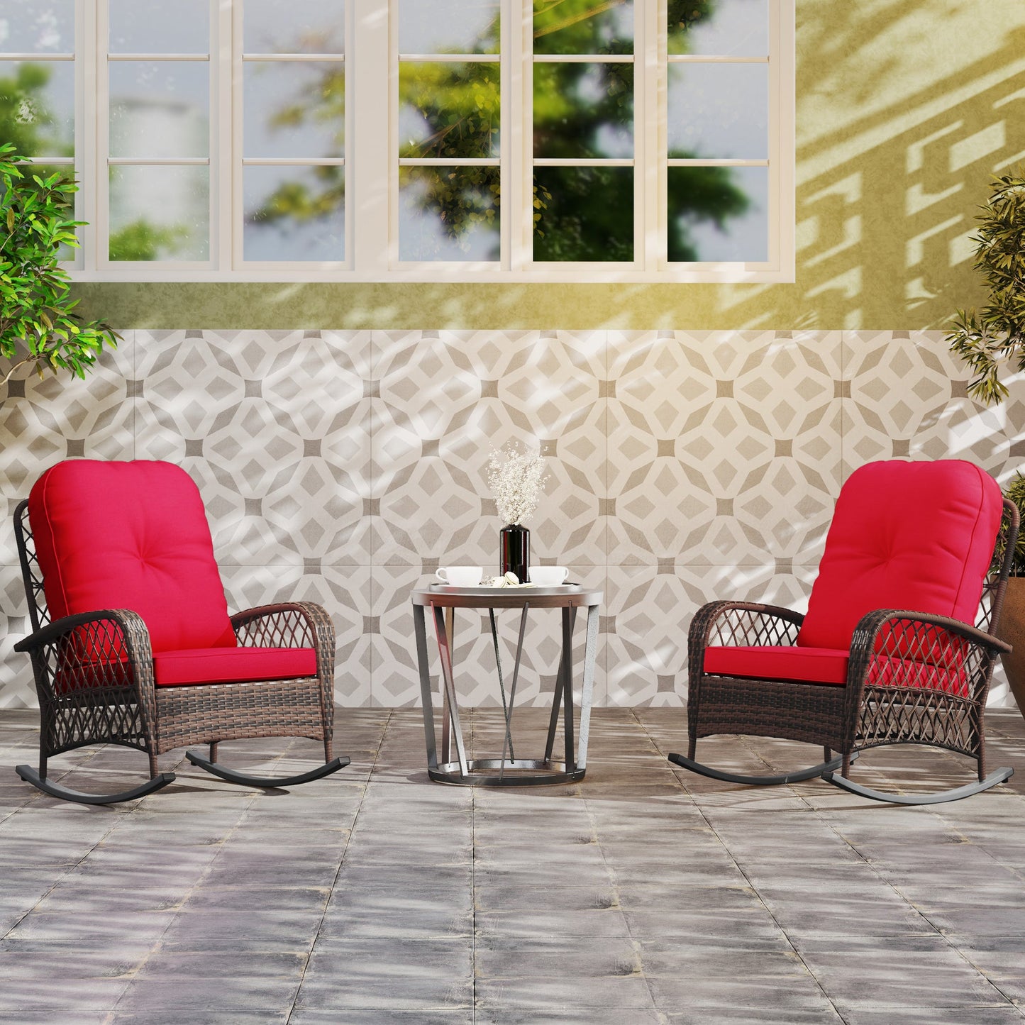 Rattan Rocking Chair Set of 2, Outdoor Wicker Patio Rocker Chair Furniture with Thick Cushions, for Garden Backyard Porch, Red
