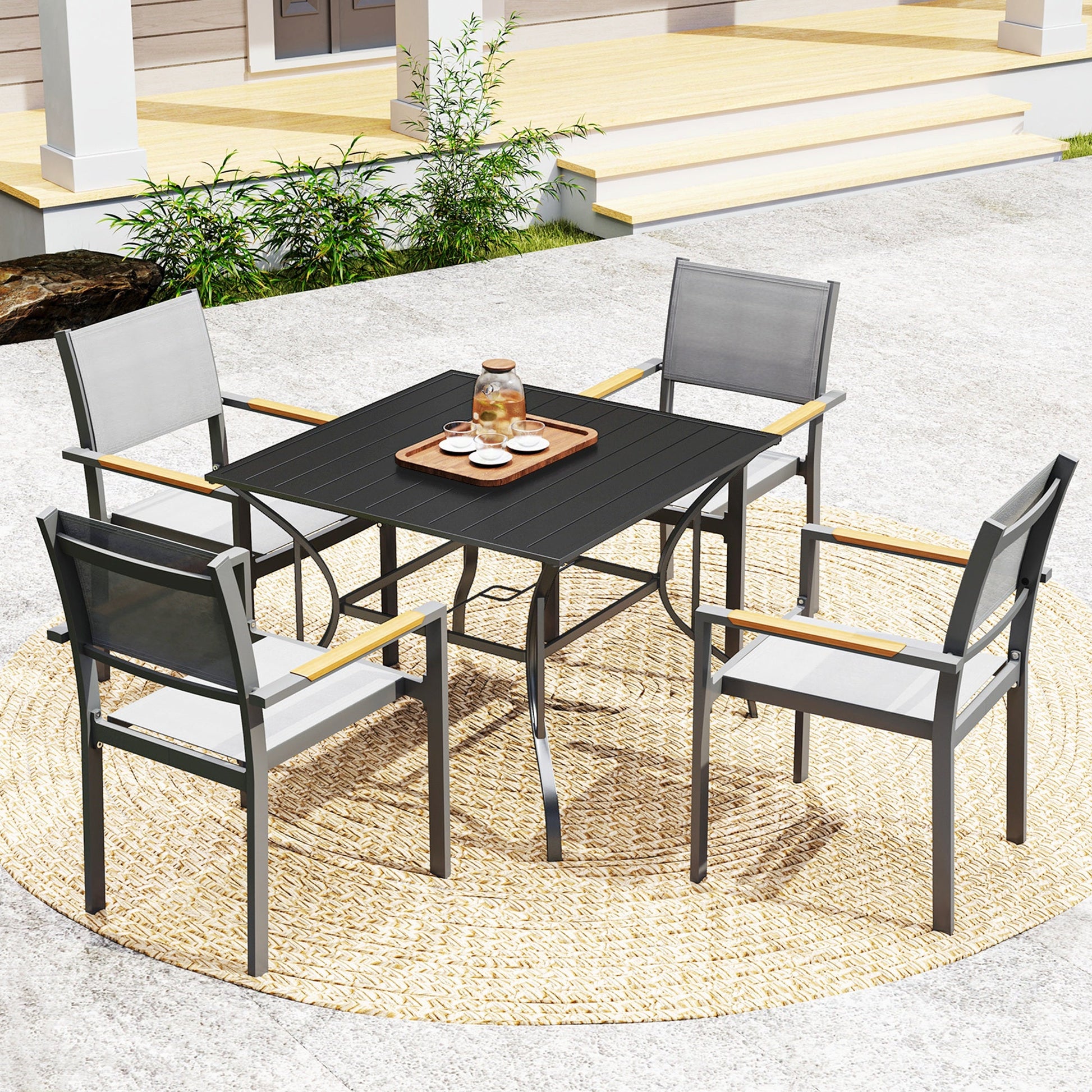 Outdoor Dining Table for Four, Patio Table with Parasol Hole, Square Garden Table with Slatted Metal Plate Top, for Backyard, Poolside, Black