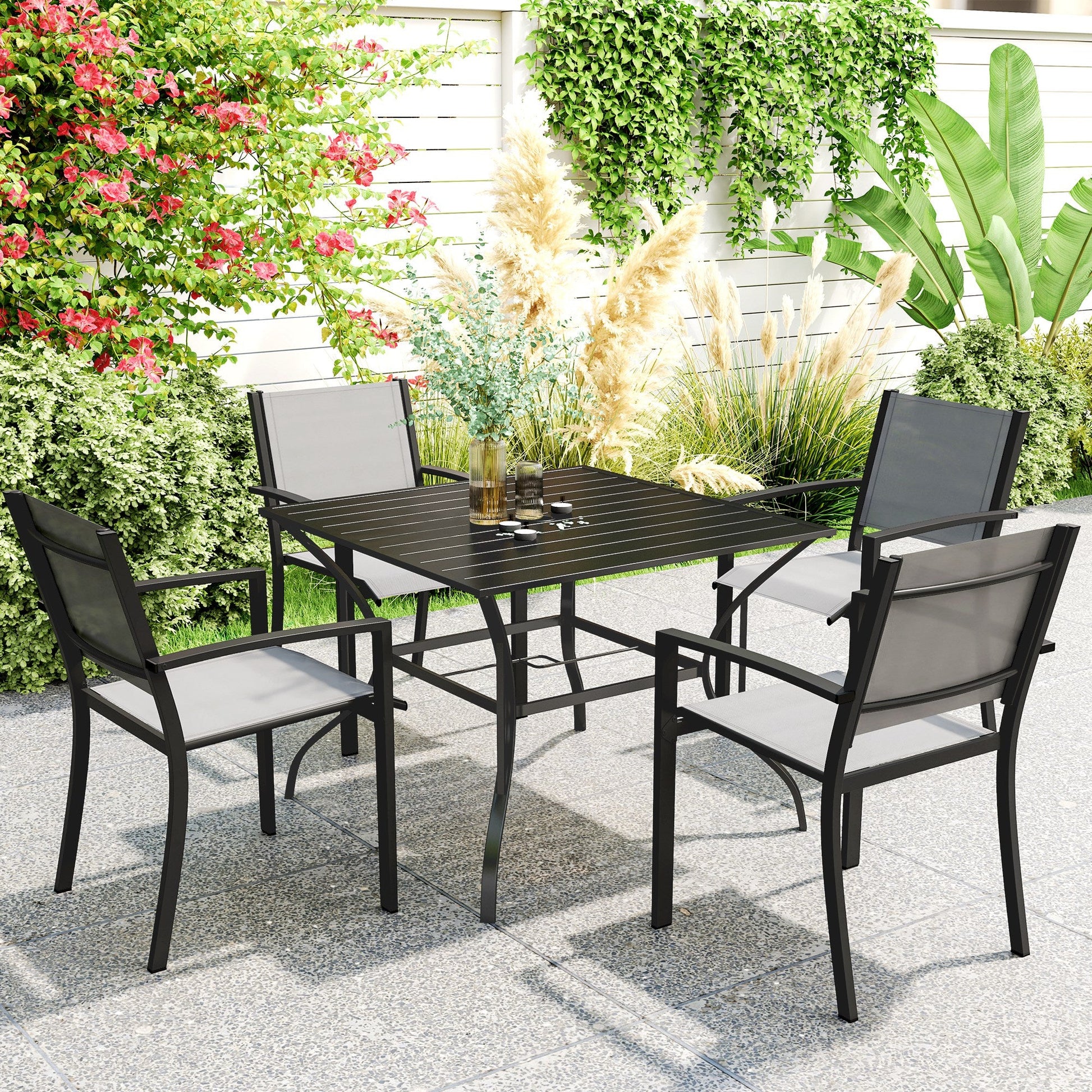 Outdoor Dining Table for Four, Patio Table with Parasol Hole, Square Garden Table with Slatted Metal Plate Top, for Backyard, Poolside, Black