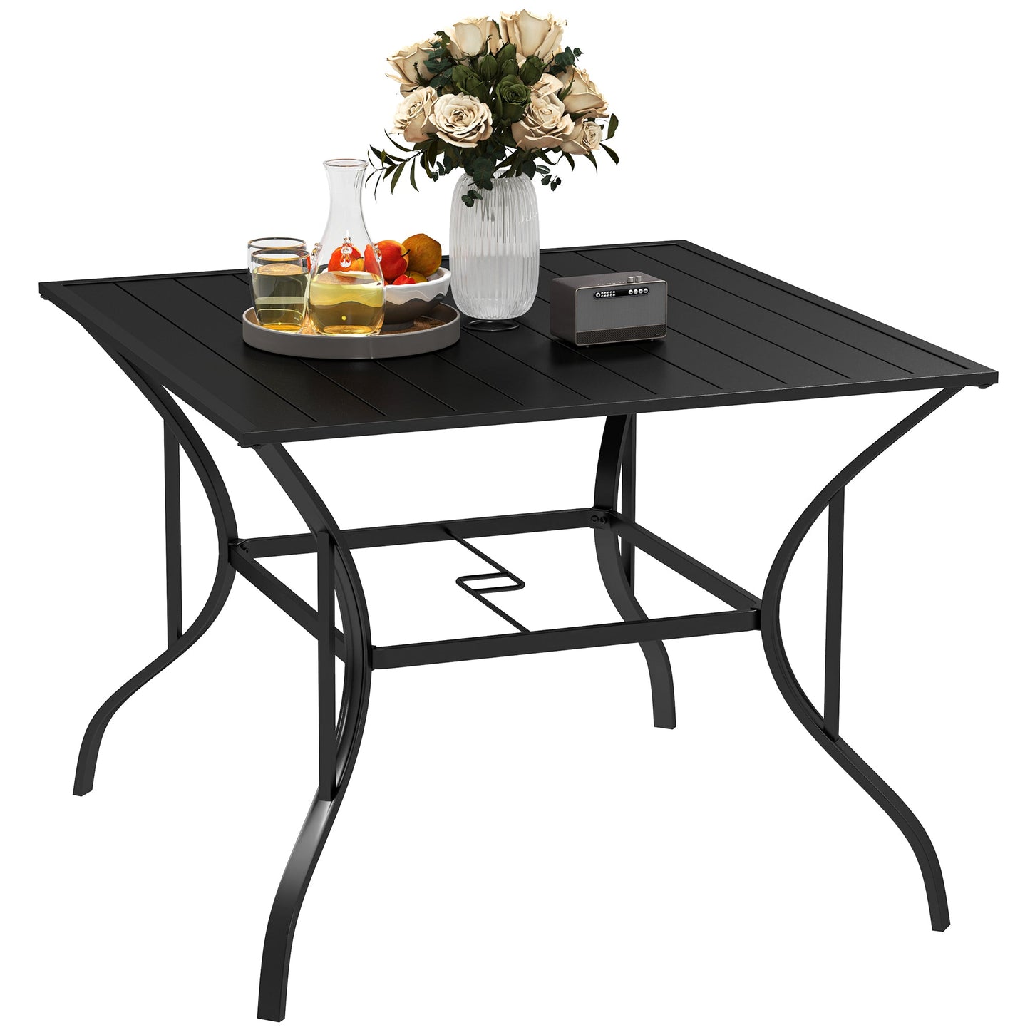 Outdoor Dining Table for Four, Patio Table with Parasol Hole, Square Garden Table with Slatted Metal Plate Top, for Backyard, Poolside, Black