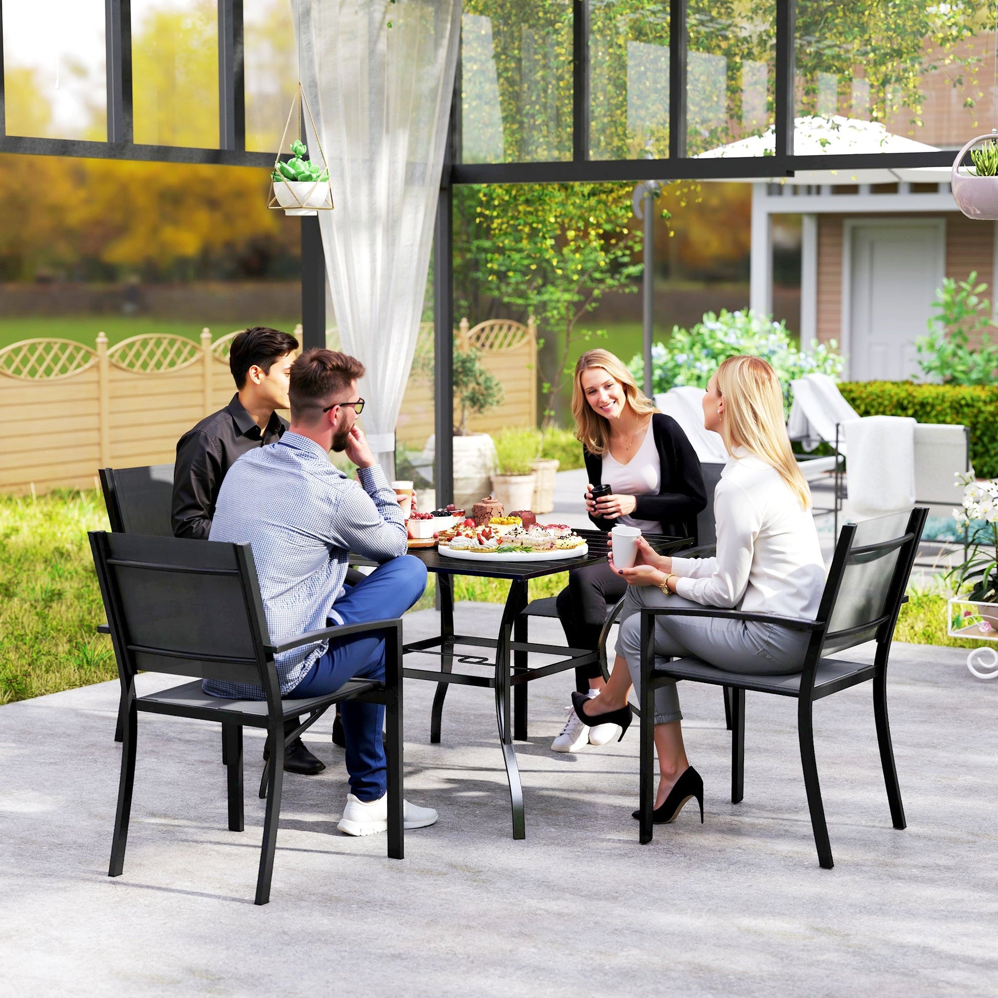 Outdoor Dining Table for Four, Patio Table with Parasol Hole, Square Garden Table with Slatted Metal Plate Top, for Backyard, Poolside, Black