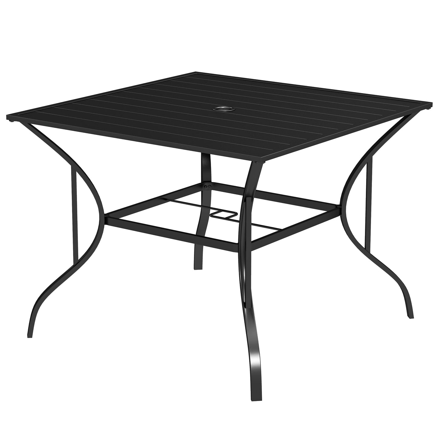 Outdoor Dining Table for Four, Patio Table with Parasol Hole, Square Garden Table with Slatted Metal Plate Top, for Backyard, Poolside, Black
