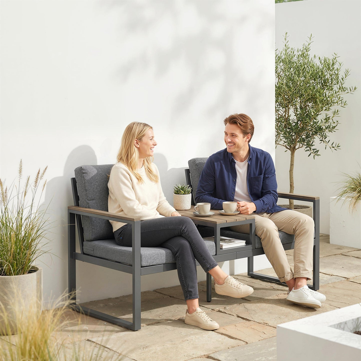 Outdoor Garden Bench, Patio Bench with Metal Frame, Integrated Center Table and Thick Cushions, 2-Seat Patio Loveseat, Light Grey