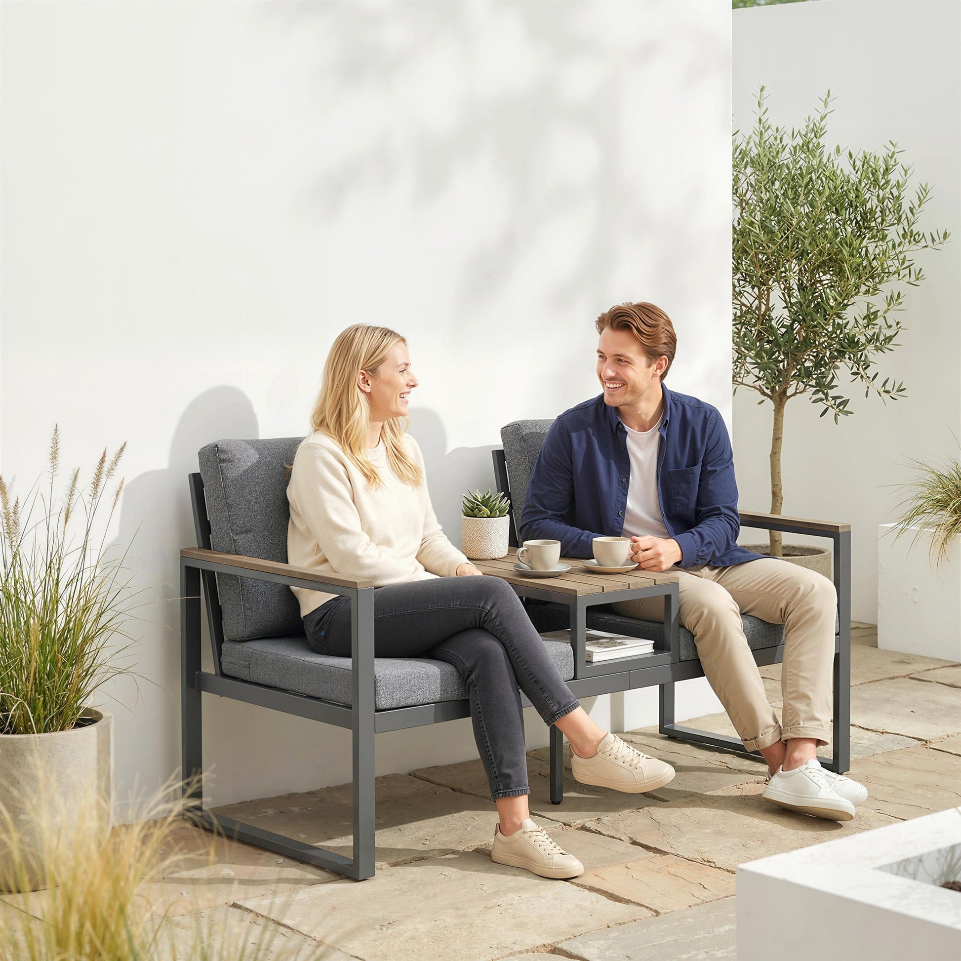 Outdoor Garden Bench, Patio Bench with Metal Frame, Integrated Center Table and Thick Cushions, 2-Seat Patio Loveseat, Light Grey