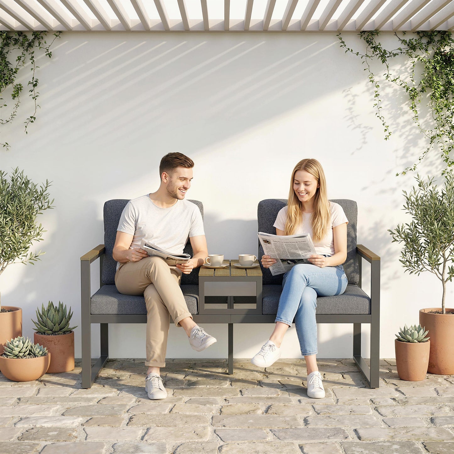 Outdoor Garden Bench, Patio Bench with Metal Frame, Integrated Center Table and Thick Cushions, 2-Seat Patio Loveseat, Light Grey
