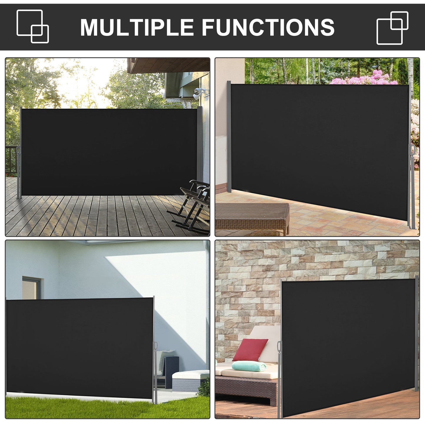 118" x 63" Retractable Side Awning Patio Outdoor Folding Privacy Screen with Resistance to UV Rays & Wind, Black