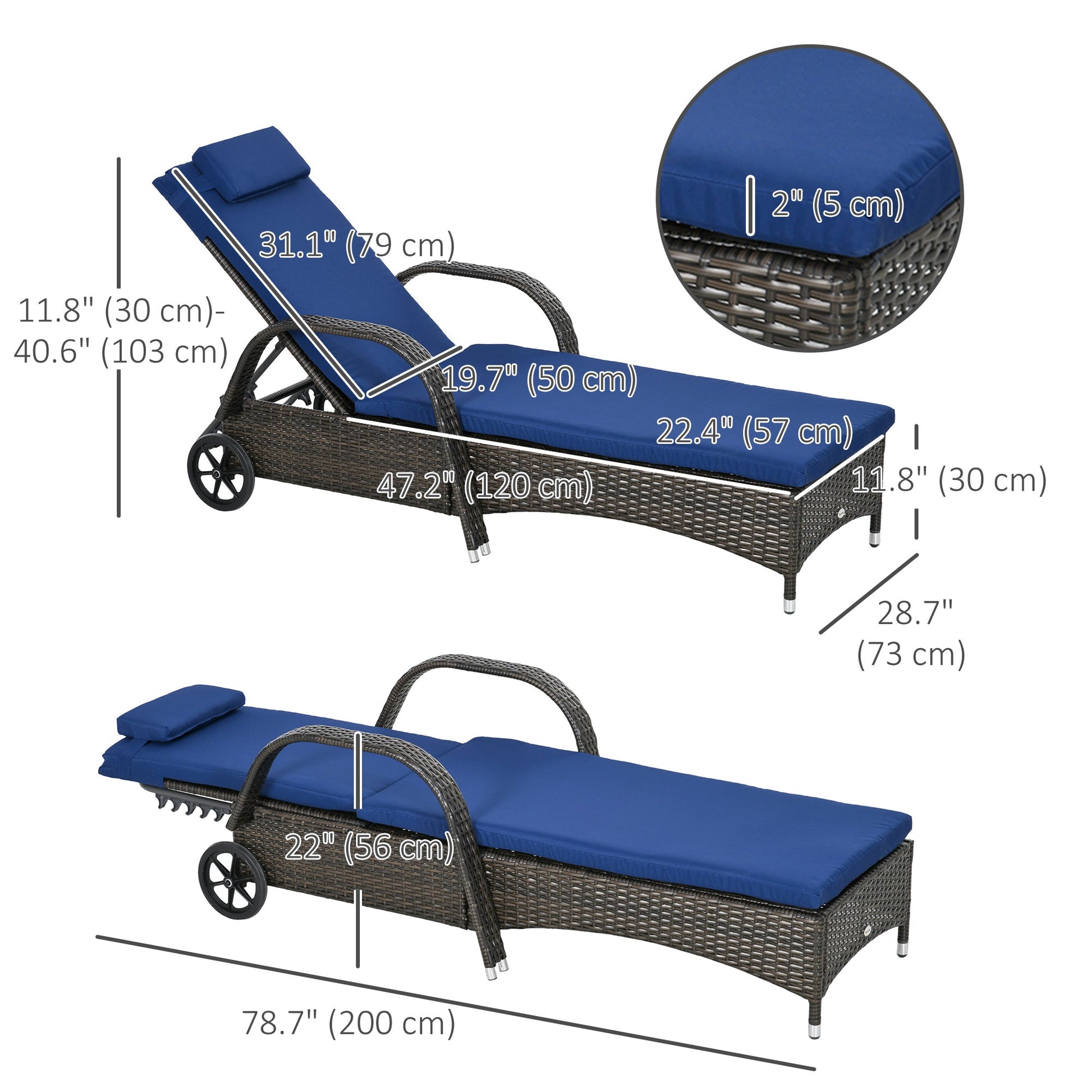 Wicker Chaise Lounge, Outdoor Lounge Chair, PE Rattan Patio Sun lounger with Head-rest, 5-Level Height Adjust Backrest, Cushion & Wheels, Mixed Brown and Dark Blue