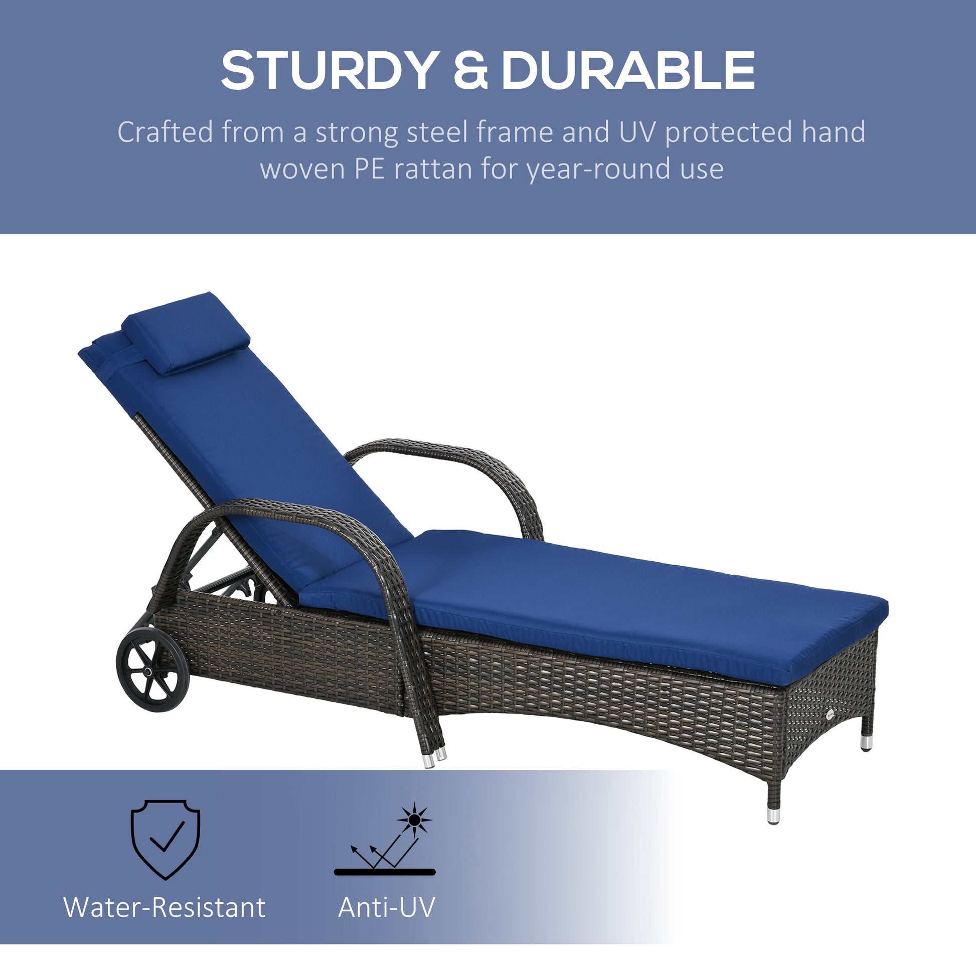 Wicker Chaise Lounge, Outdoor Lounge Chair, PE Rattan Patio Sun lounger with Head-rest, 5-Level Height Adjust Backrest, Cushion & Wheels, Mixed Brown and Dark Blue
