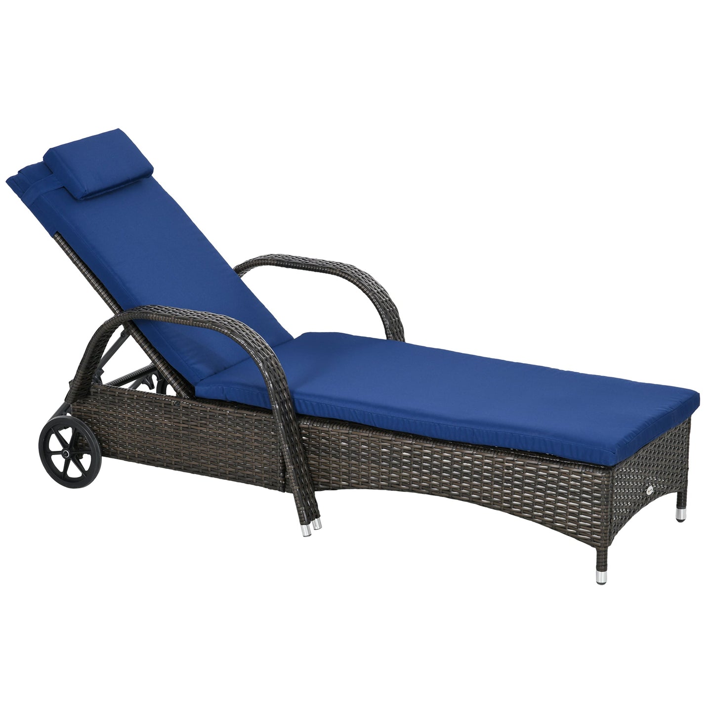 Wicker Chaise Lounge, Outdoor Lounge Chair, PE Rattan Patio Sun lounger with Head-rest, 5-Level Height Adjust Backrest, Cushion & Wheels, Mixed Brown and Dark Blue