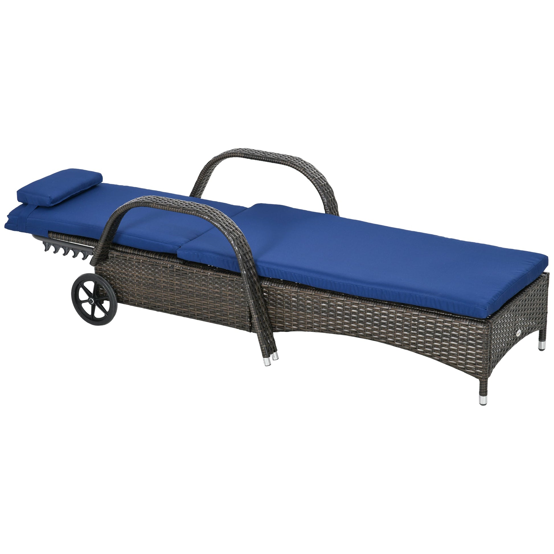 Wicker Chaise Lounge, Outdoor Lounge Chair, PE Rattan Patio Sun lounger with Head-rest, 5-Level Height Adjust Backrest, Cushion & Wheels, Mixed Brown and Dark Blue