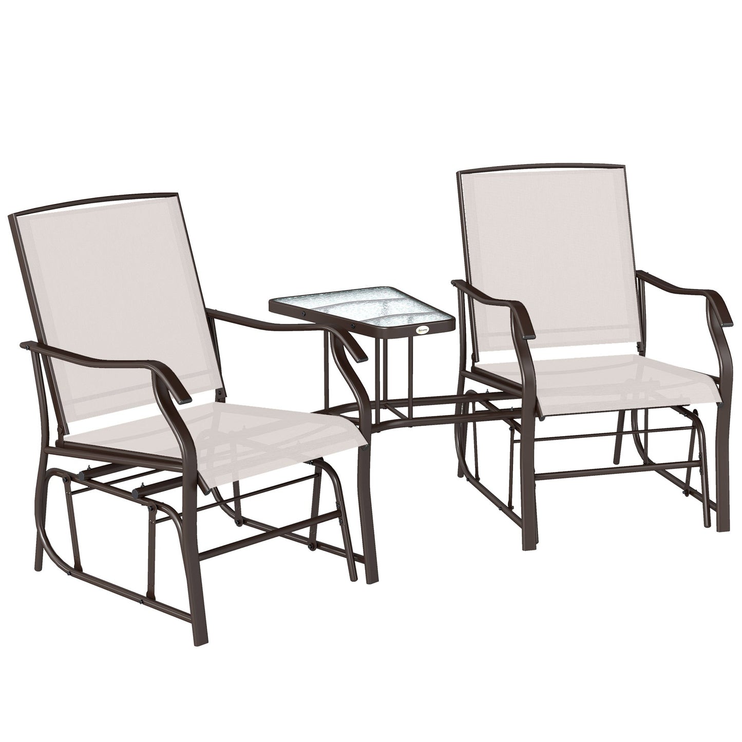 Double Patio Glider Chair with Glass Top Center Table, Outdoor Glider Loveseat with High Back,  All Weather Breathable Mesh Fabric for Garden, Backyard, Deck, Beige