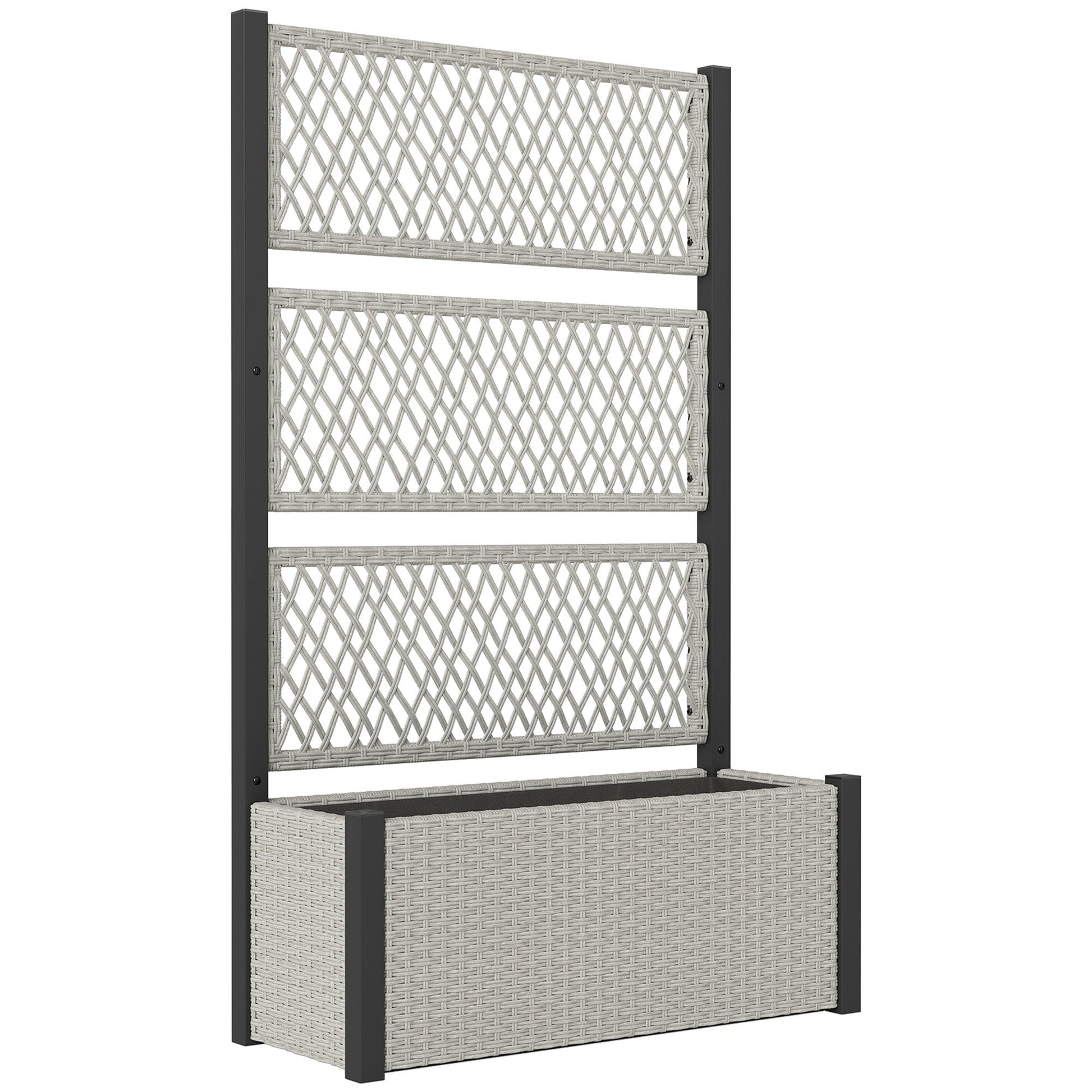 Wicker Outdoor Planter with Trellis, 58" Standing Raised Garden Bed with Liner, Drainage Holes, Privacy Screen Planter Box for Climbing Plants, Flowers, Mixed Grey