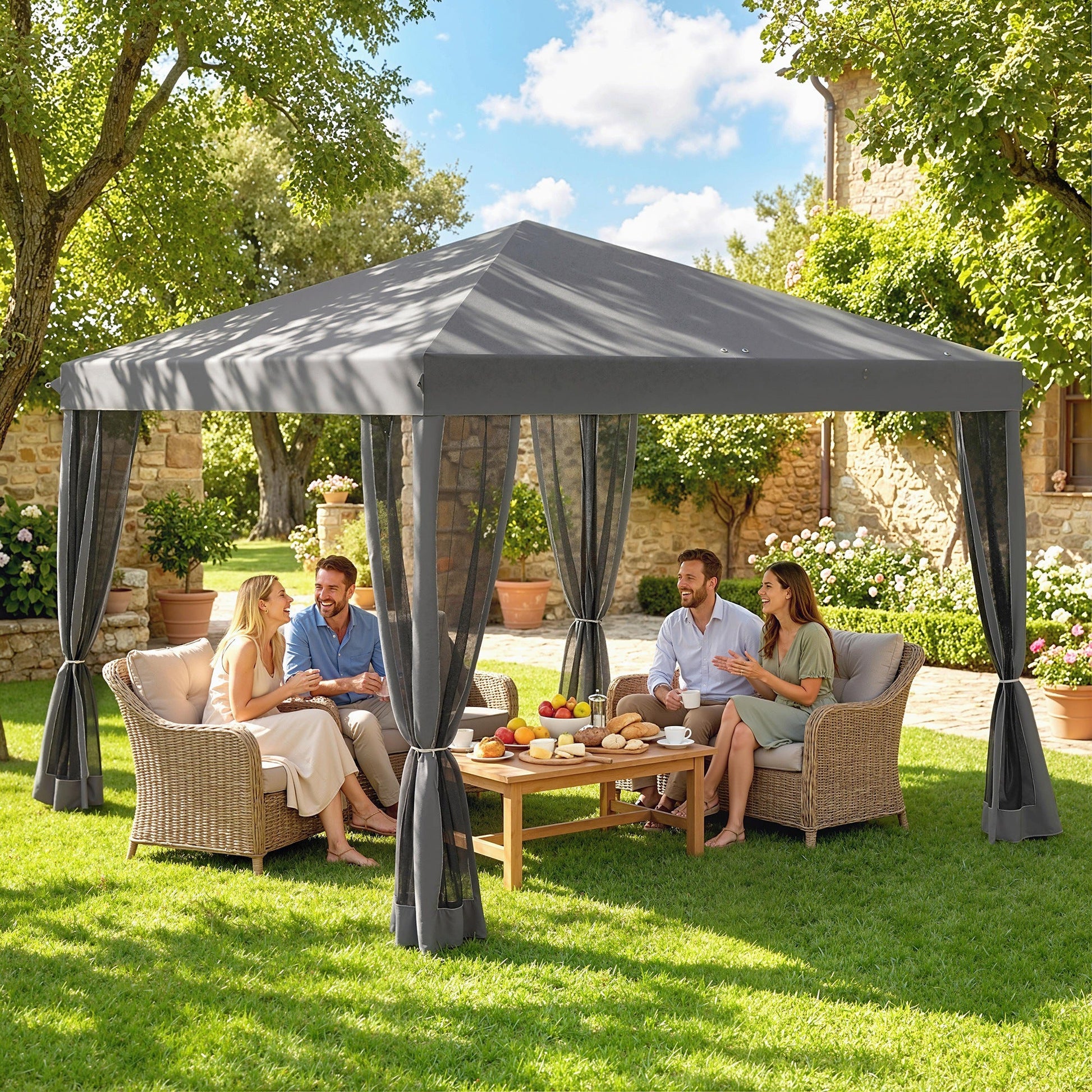 10' x 10' Pop Up Canopy Tent Gazebo, Foldable Canopy Tent with Zipper Mesh Sidewalls and Carry Bag, Easy Setup Screen Shelter for Backyard Patio Outdoor, Light Grey