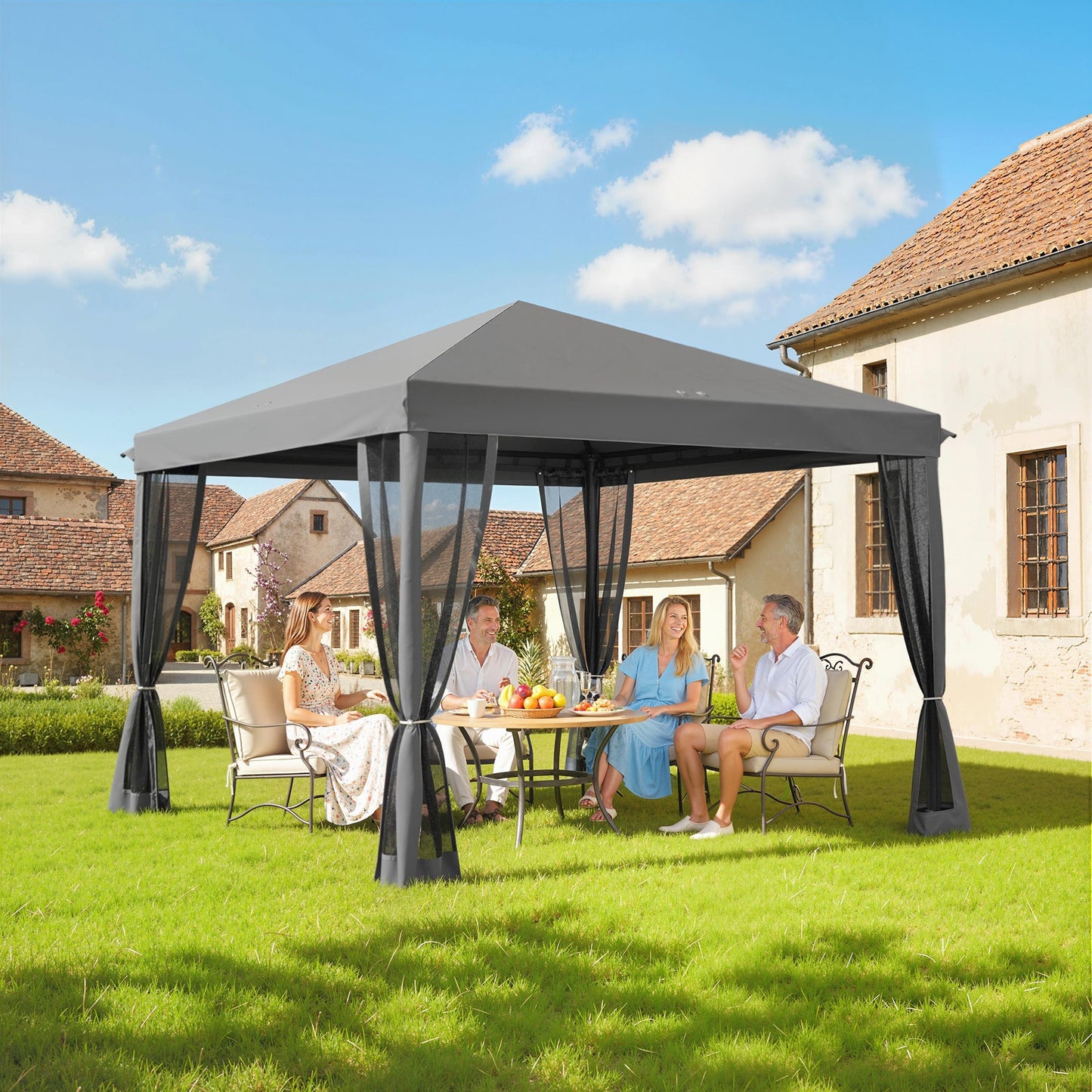 10' x 10' Pop Up Canopy Tent Gazebo, Foldable Canopy Tent with Zipper Mesh Sidewalls and Carry Bag, Easy Setup Screen Shelter for Backyard Patio Outdoor, Light Grey