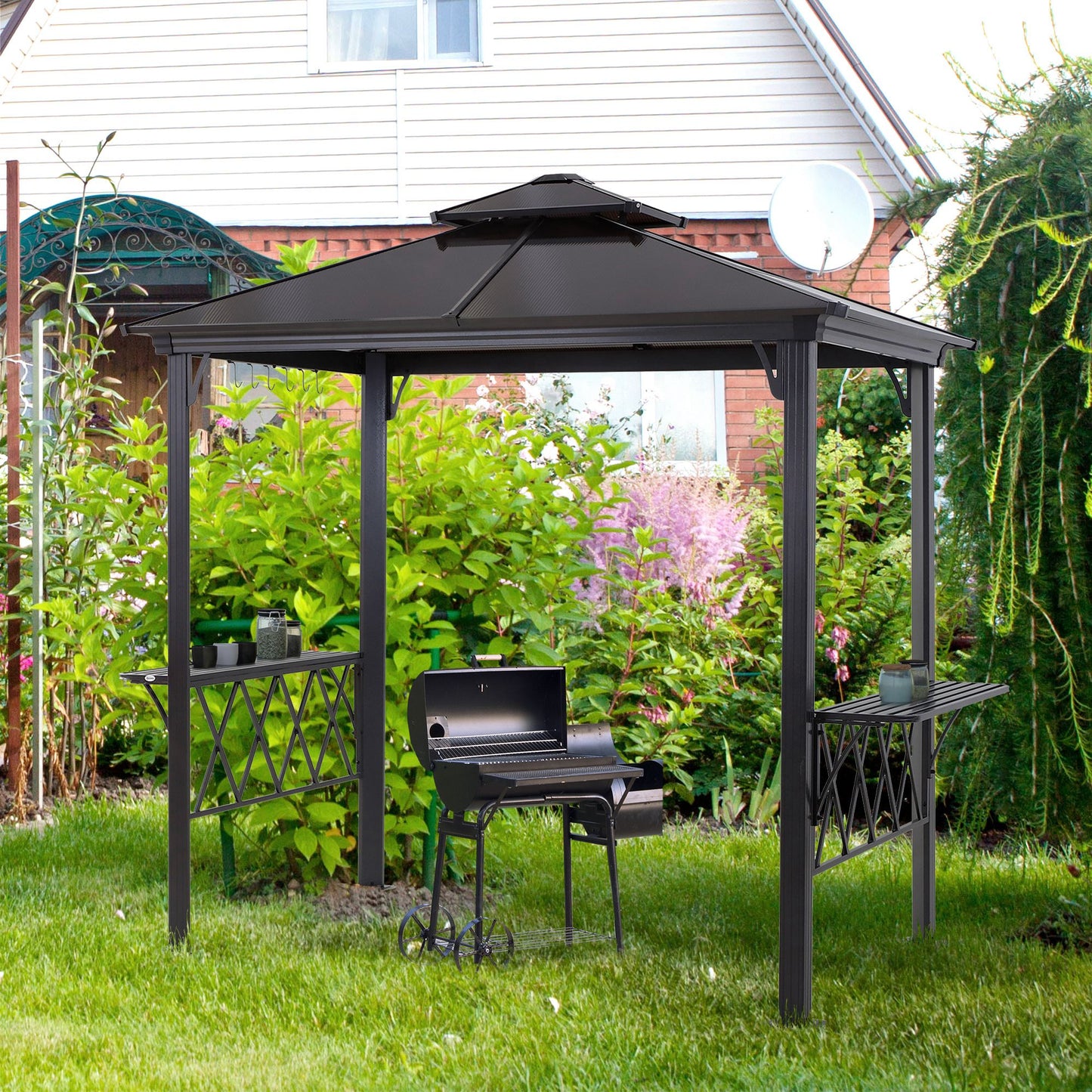 9' x 5' Grill Gazebo, Hardtop BBQ Gazebo Canopy with 2-Tier Polycarbonate Roof, Shelves Serving Tables and Hooks, for Backyard Patio Lawn, Black and Coffee
