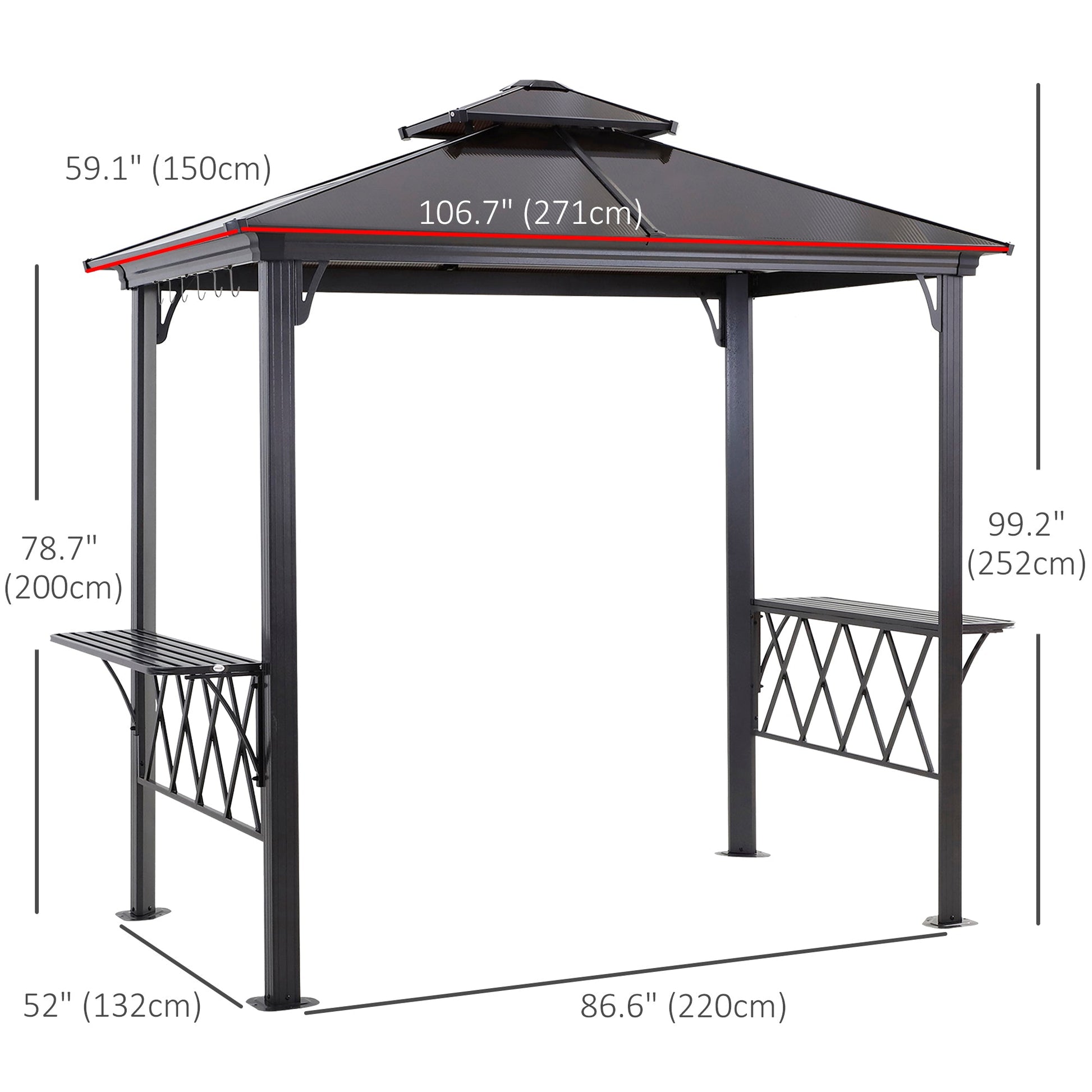 9' x 5' Grill Gazebo, Hardtop BBQ Gazebo Canopy with 2-Tier Polycarbonate Roof, Shelves Serving Tables and Hooks, for Backyard Patio Lawn, Black and Coffee