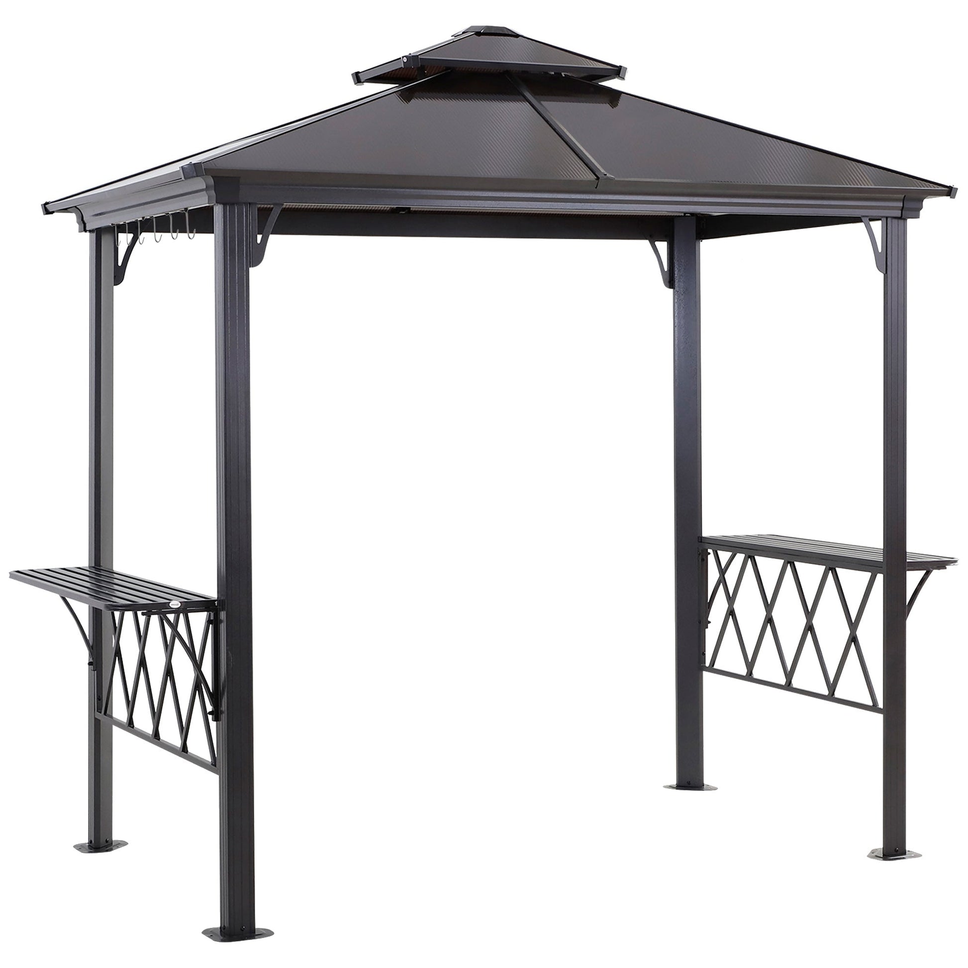 9' x 5' Grill Gazebo, Hardtop BBQ Gazebo Canopy with 2-Tier Polycarbonate Roof, Shelves Serving Tables and Hooks, for Backyard Patio Lawn, Black and Coffee