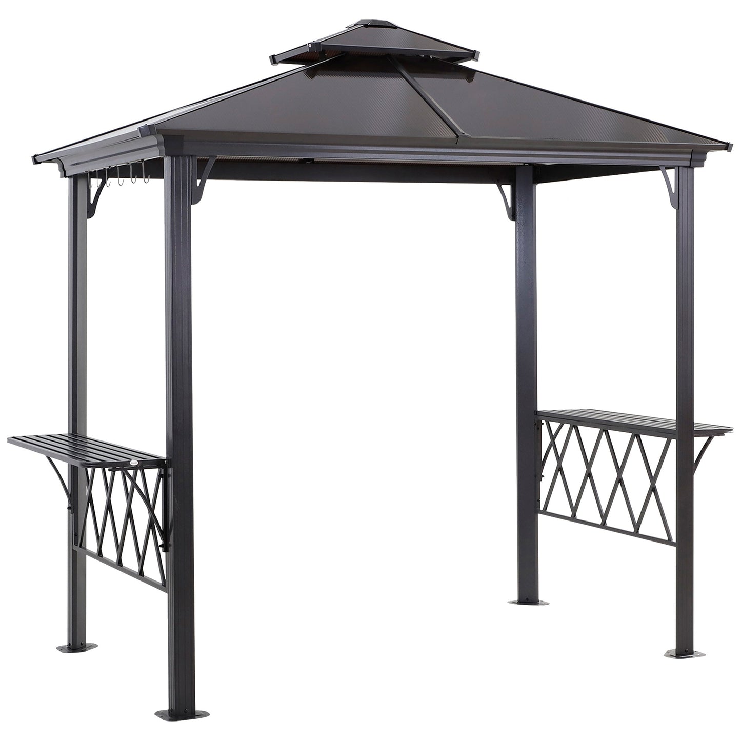 9' x 5' Grill Gazebo, Hardtop BBQ Gazebo Canopy with 2-Tier Polycarbonate Roof, Shelves Serving Tables and Hooks, for Backyard Patio Lawn, Black and Coffee