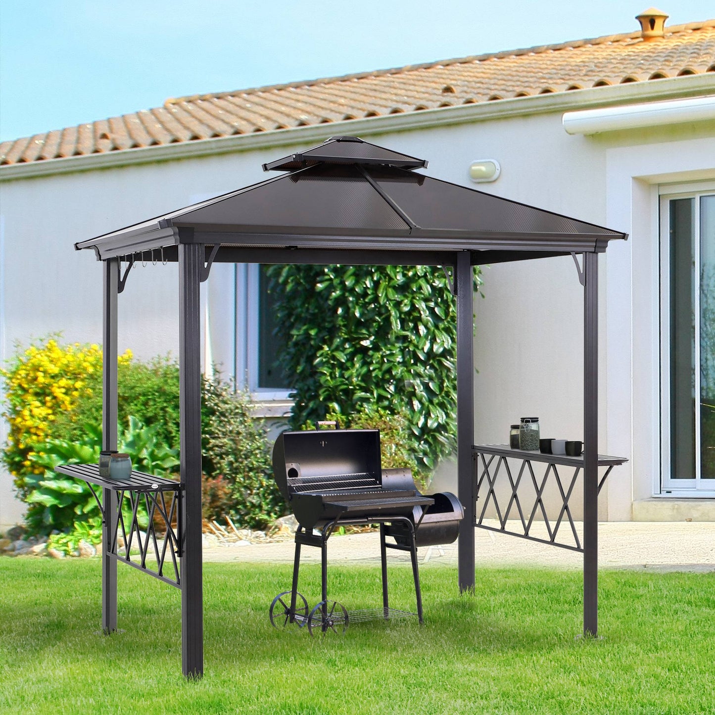 9' x 5' Grill Gazebo, Hardtop BBQ Gazebo Canopy with 2-Tier Polycarbonate Roof, Shelves Serving Tables and Hooks, for Backyard Patio Lawn, Black and Coffee