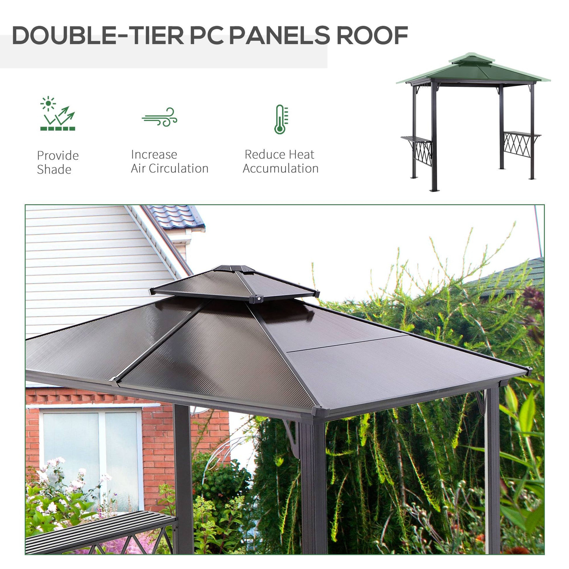 9' x 5' Grill Gazebo, Hardtop BBQ Gazebo Canopy with 2-Tier Polycarbonate Roof, Shelves Serving Tables and Hooks, for Backyard Patio Lawn, Black and Coffee