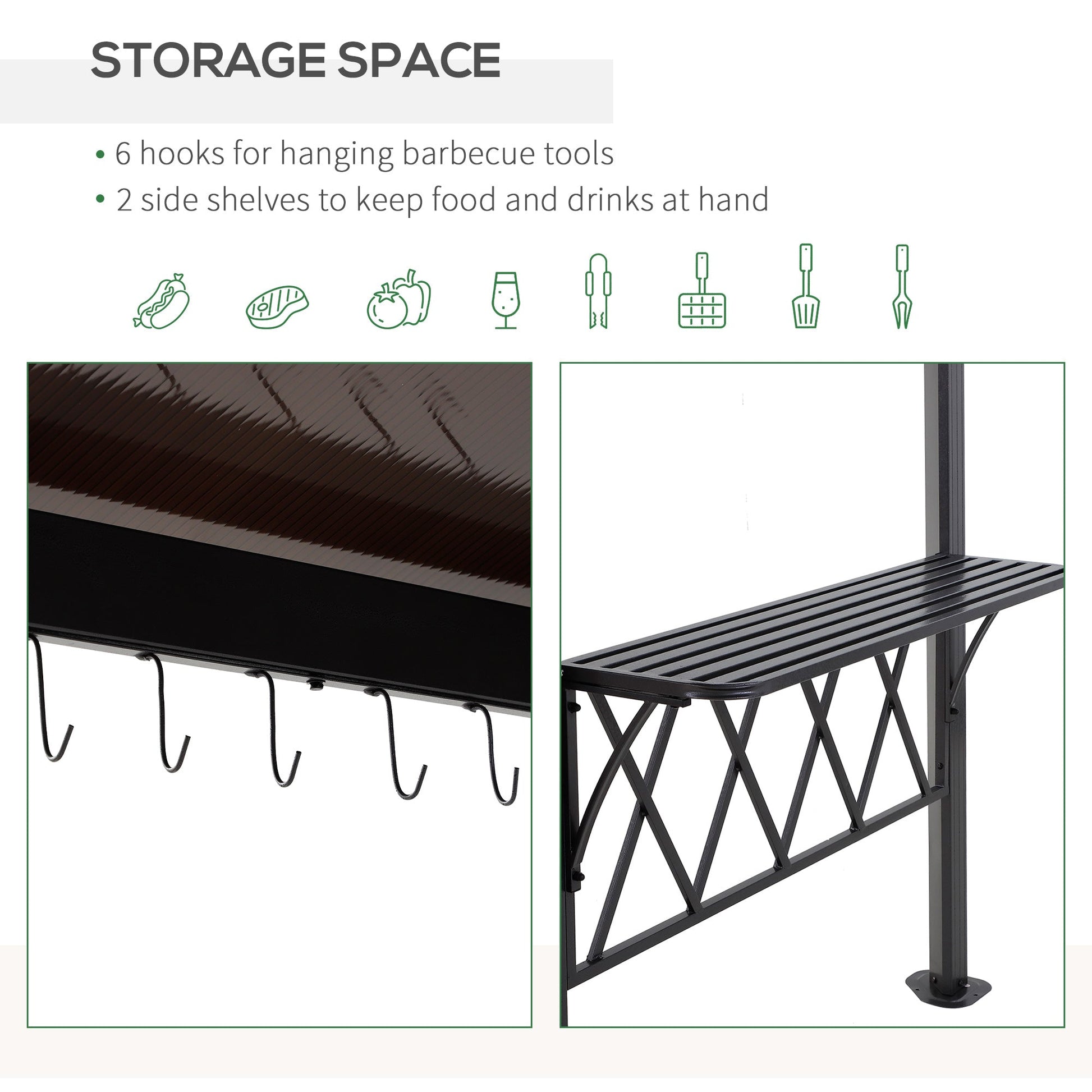 9' x 5' Grill Gazebo, Hardtop BBQ Gazebo Canopy with 2-Tier Polycarbonate Roof, Shelves Serving Tables and Hooks, for Backyard Patio Lawn, Black and Coffee