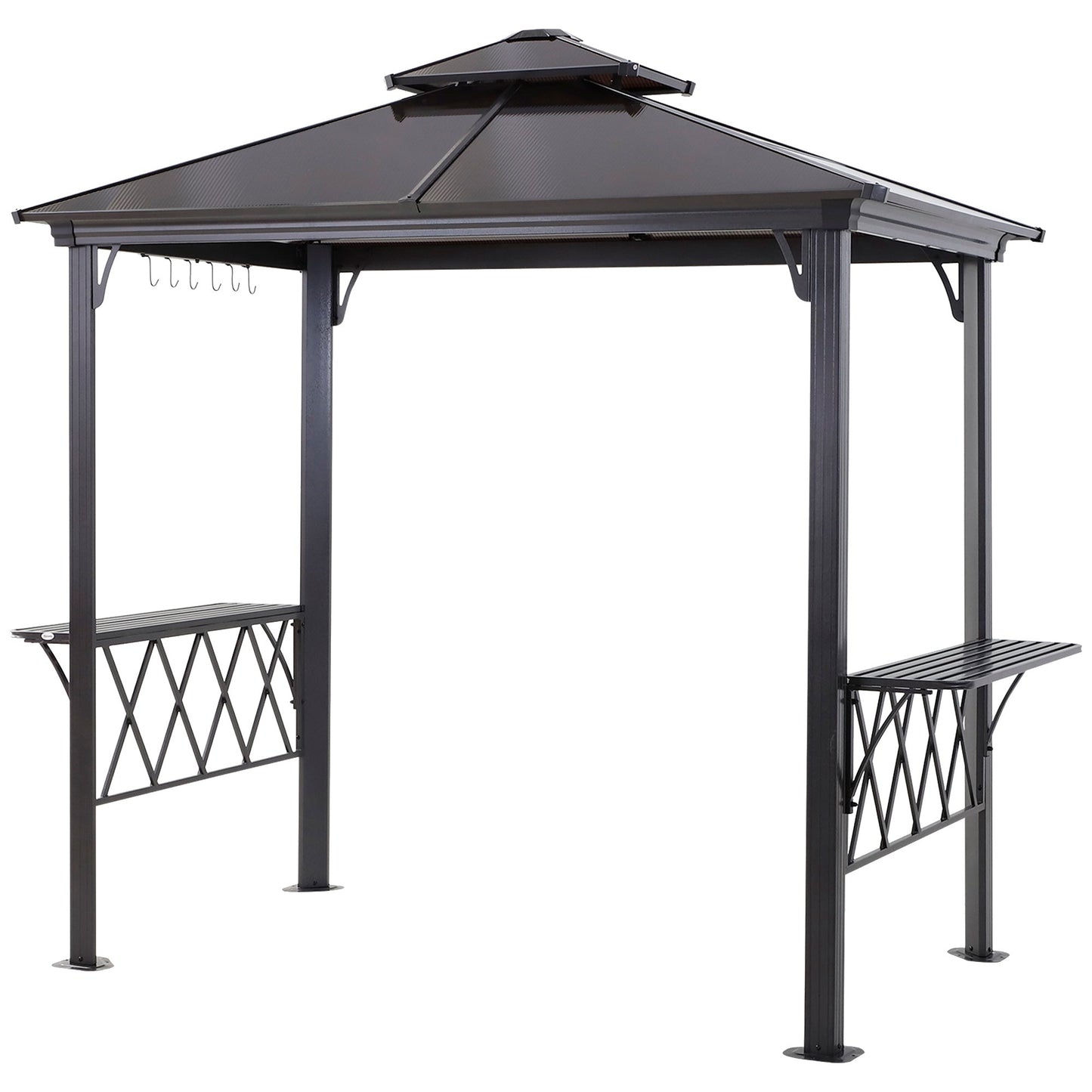 9' x 5' Grill Gazebo, Hardtop BBQ Gazebo Canopy with 2-Tier Polycarbonate Roof, Shelves Serving Tables and Hooks, for Backyard Patio Lawn, Black and Coffee