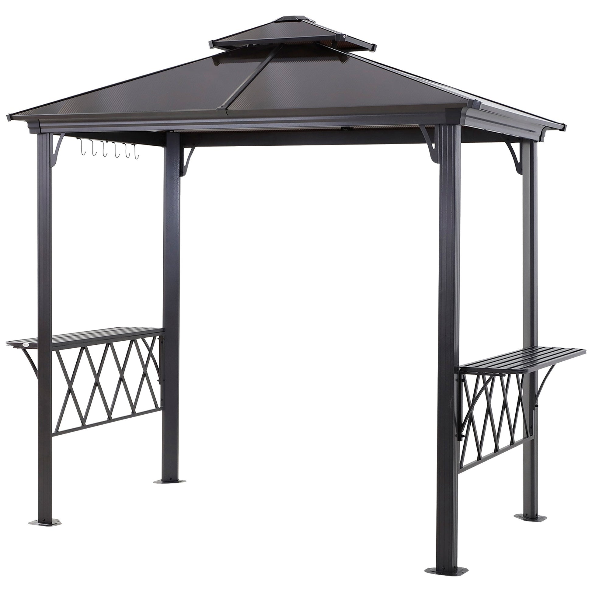 9' x 5' Grill Gazebo, Hardtop BBQ Gazebo Canopy with 2-Tier Polycarbonate Roof, Shelves Serving Tables and Hooks, for Backyard Patio Lawn, Black and Coffee