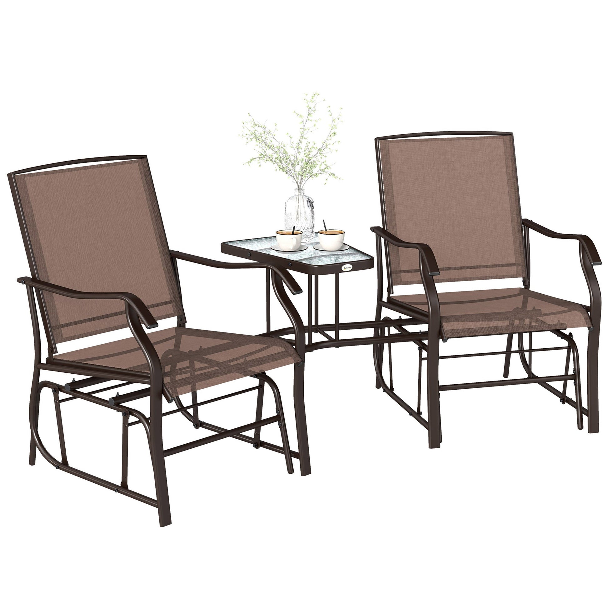 Double Patio Glider Chair with Glass Top Center Table, Outdoor Glider Loveseat with High Back,  All Weather Breathable Mesh Fabric for Garden, Backyard, Deck, Brown